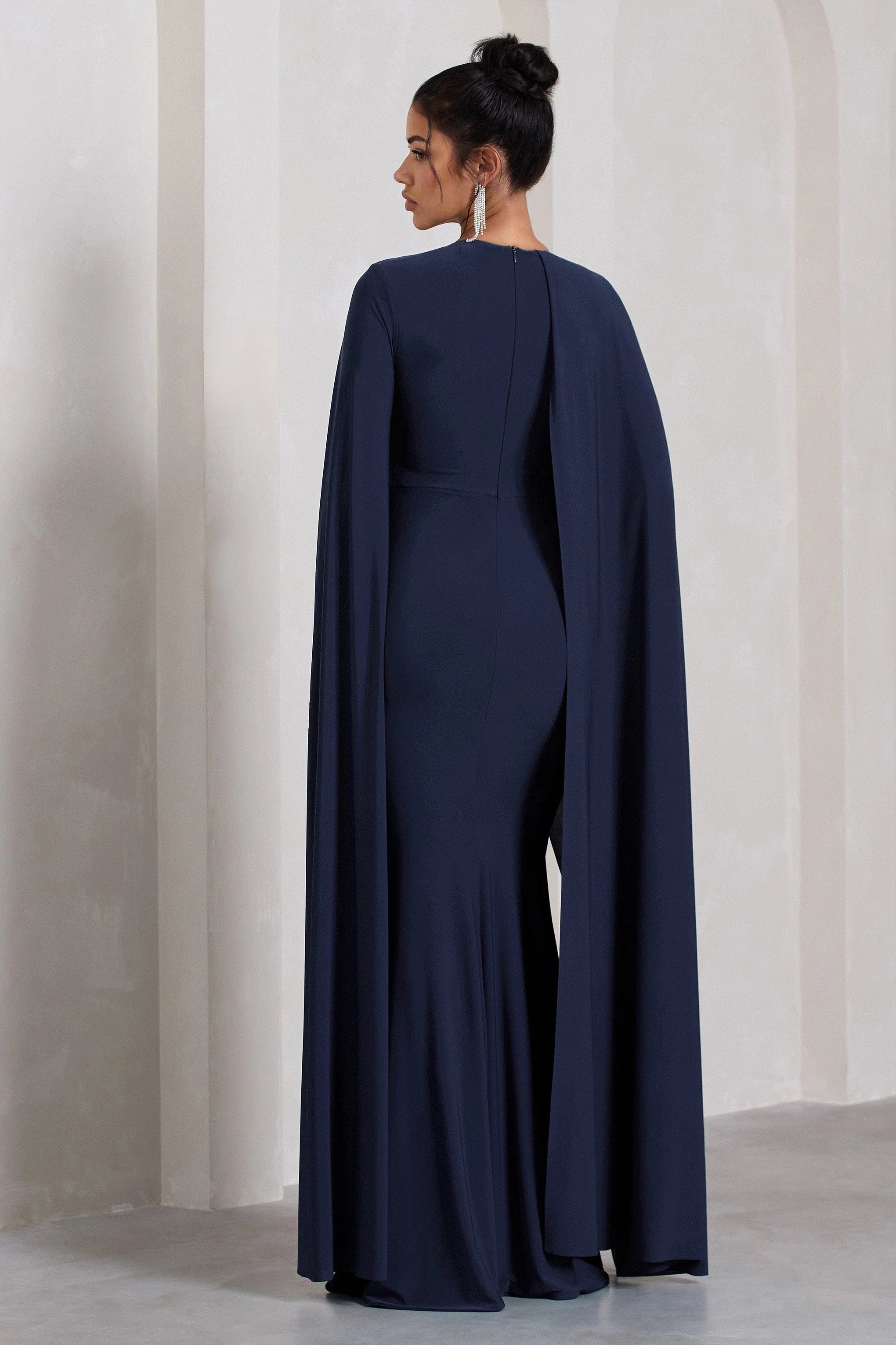 Magdelena | Navy Asymmetric Cape Maxi Dress
