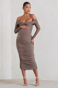 Neva | Mocha Bardot Twist Maternity Midi Dress