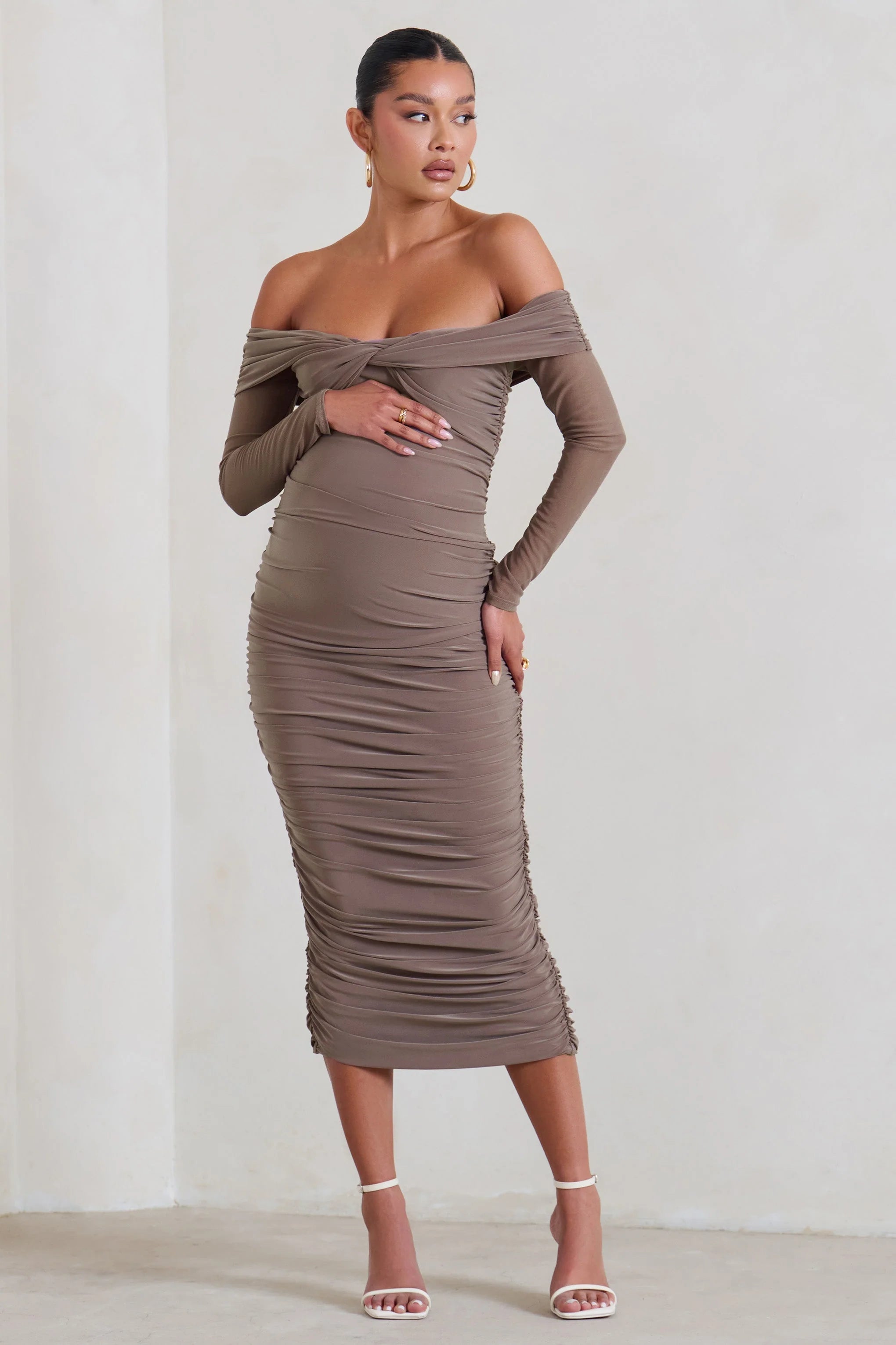 Neva | Mocha Bardot Twist Maternity Midi Dress