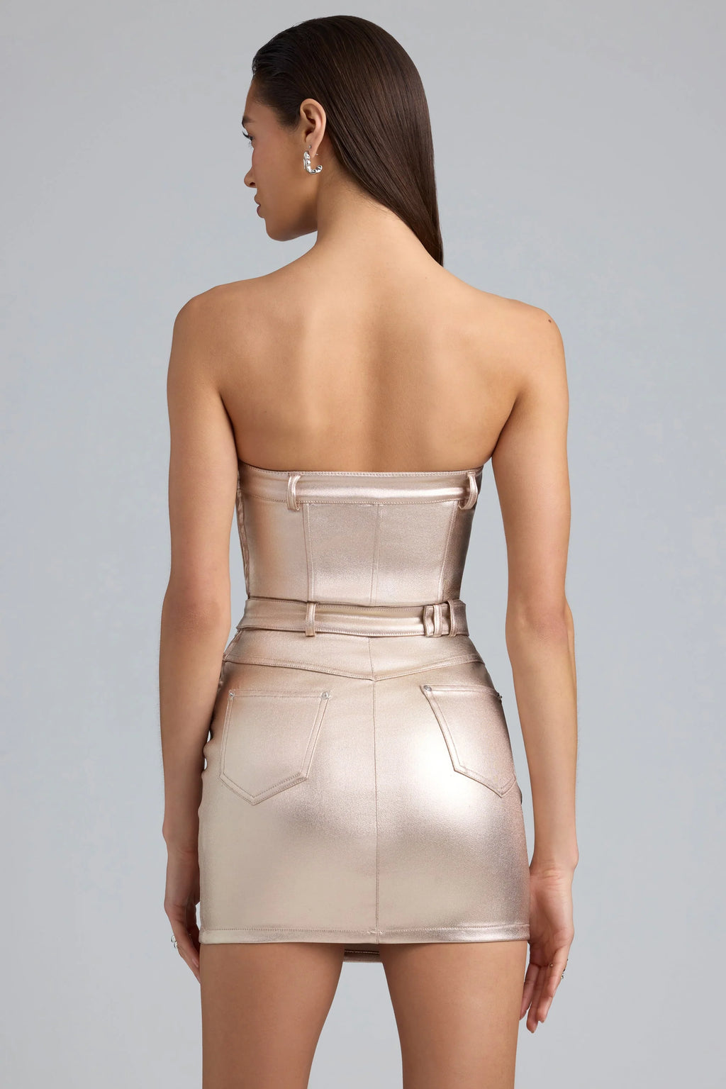 Metallic Denim Belted Strapless Mini Dress in Champagne