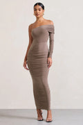 Afterparty | Mocha Ruched Asymmetric Bodycon Maxi Dress