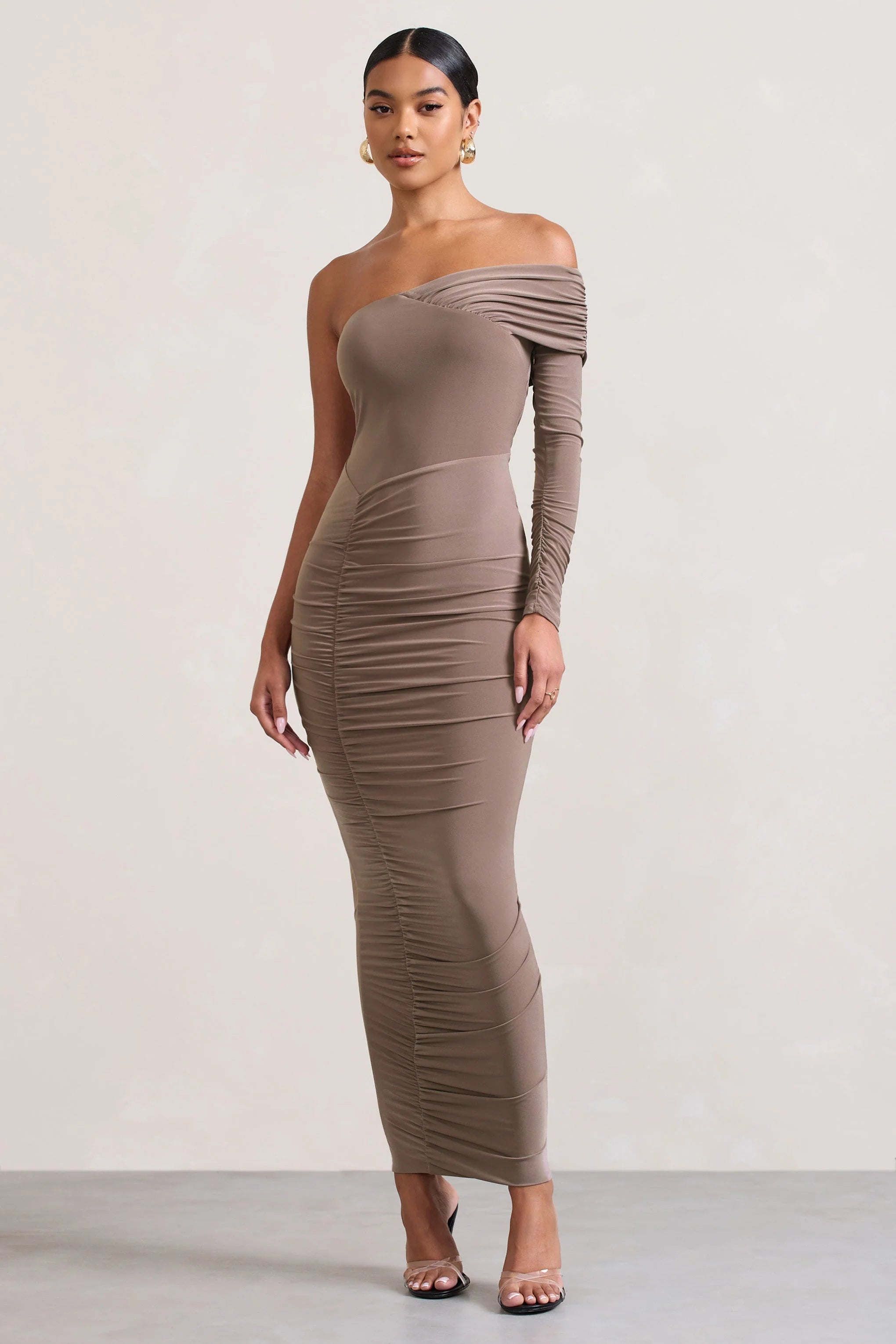 Afterparty | Mocha Ruched Asymmetric Bodycon Maxi Dress