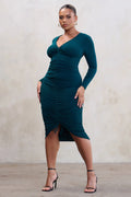 Centre Of Attention | Plus Bottle Green Long Sleeve Ruched Front Midi Dress