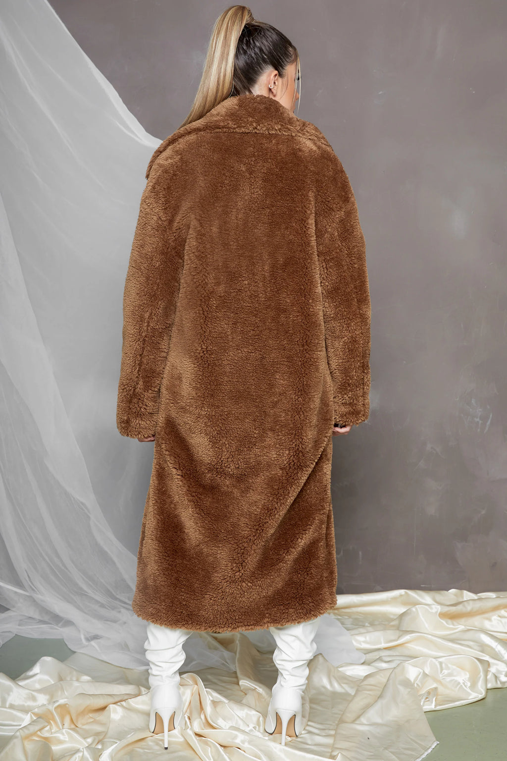 Empire Oversized Longline Cocoon Teddy Coat in Dark Brown