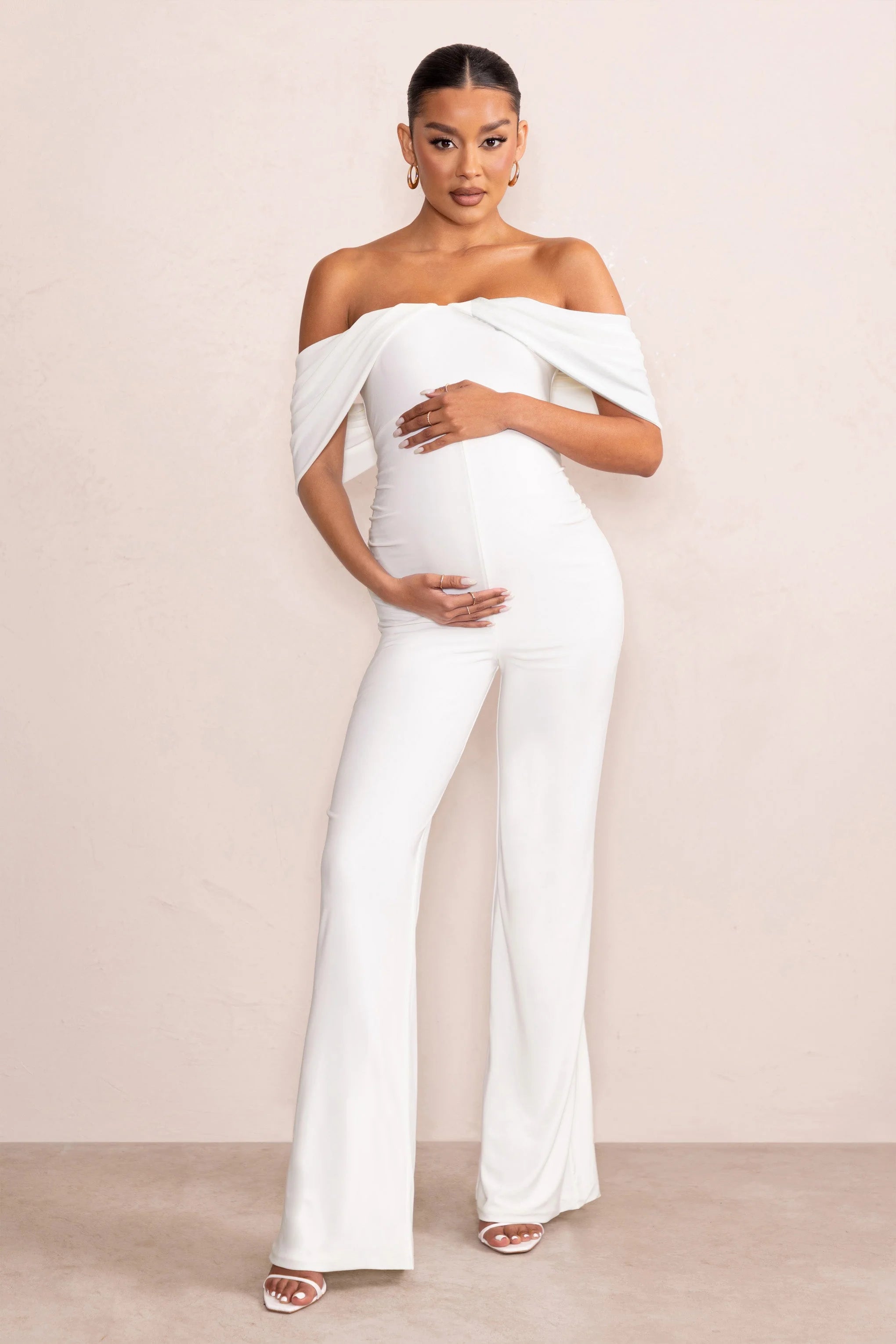 Renata | White Draped Sleeve Bardot Maternity Jumpsuit
