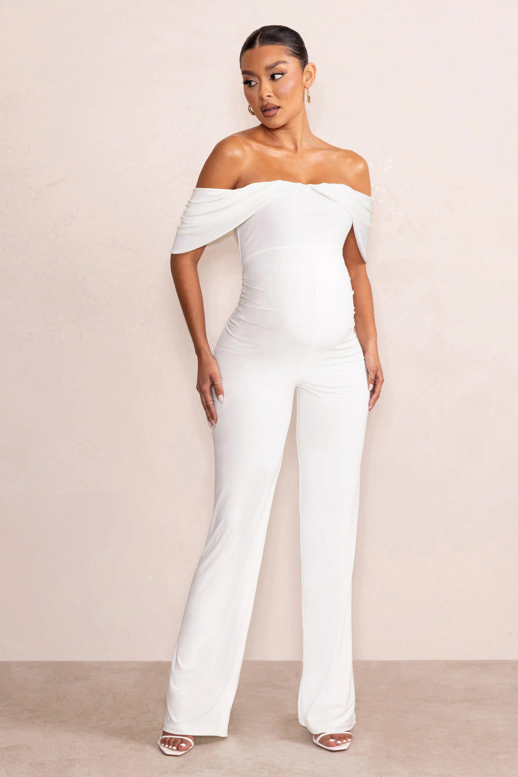 Renata | White Draped Sleeve Bardot Maternity Jumpsuit