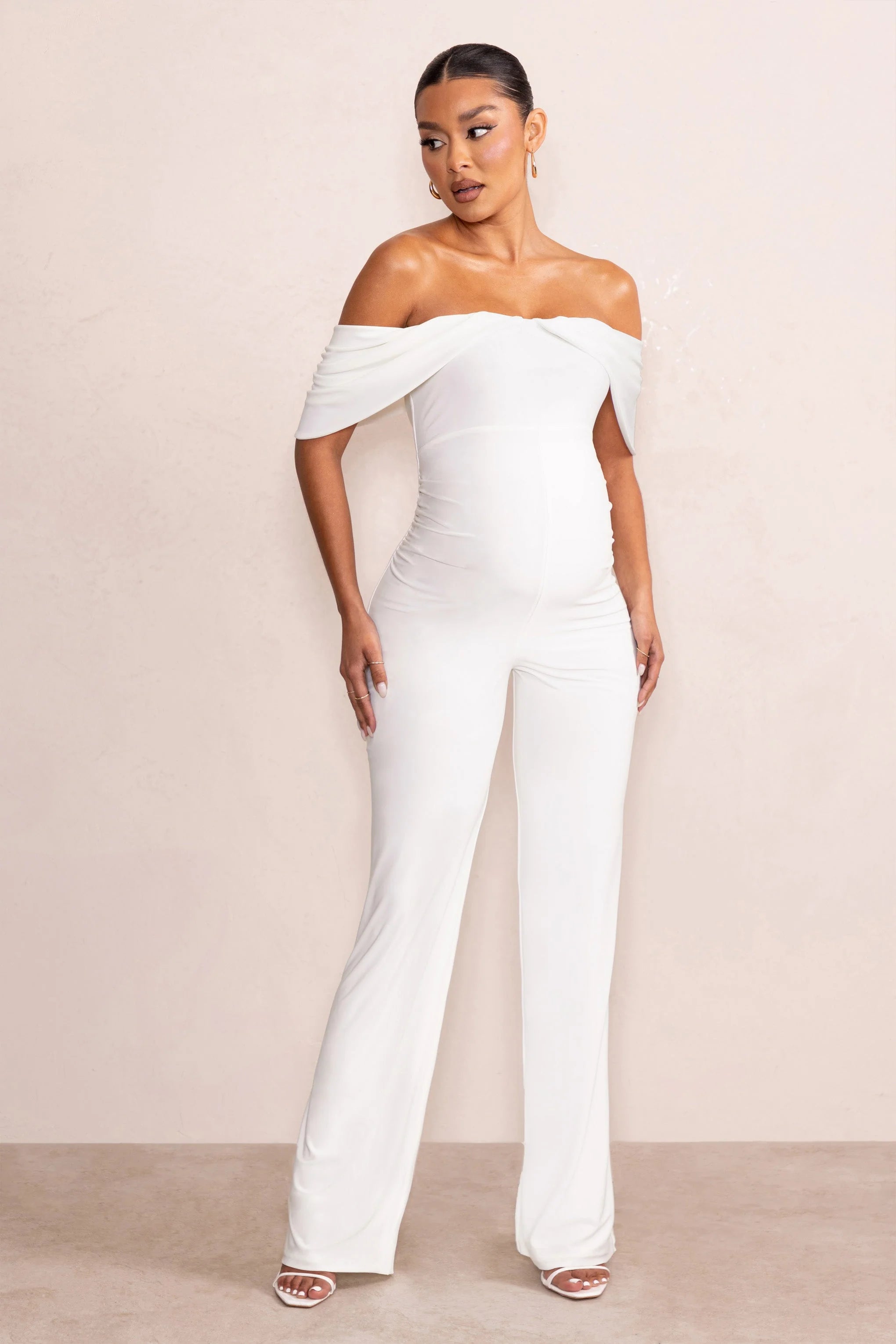 Renata | White Draped Sleeve Bardot Maternity Jumpsuit