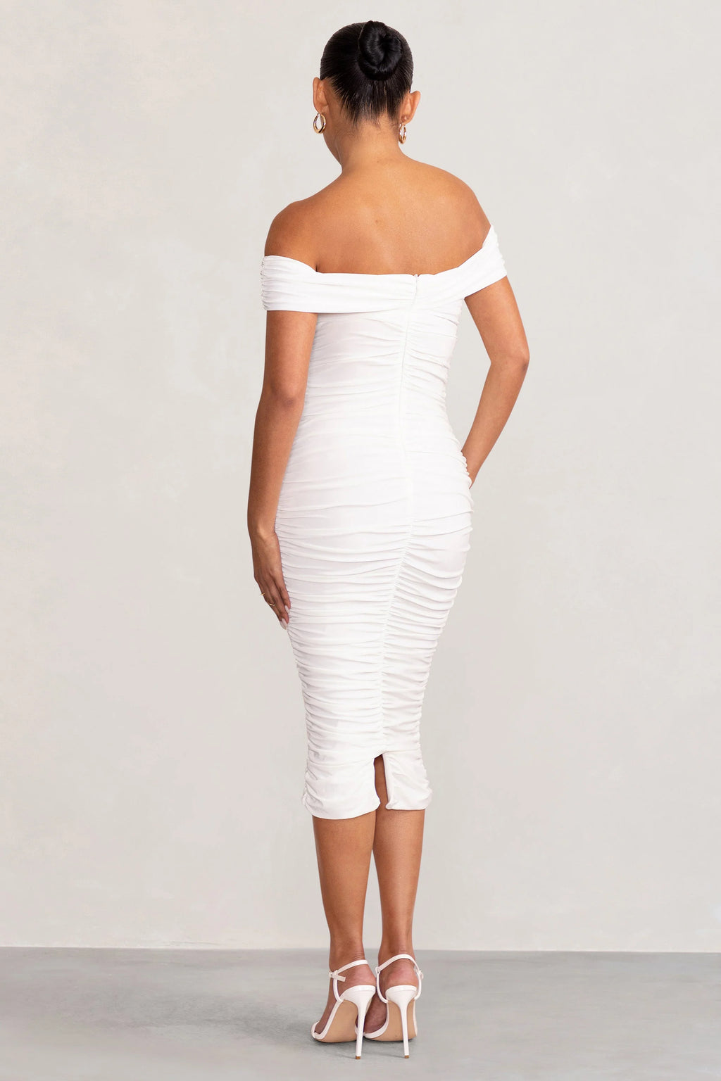 Perfection | White Maternity Bardot Knot Ruched Midi Dress