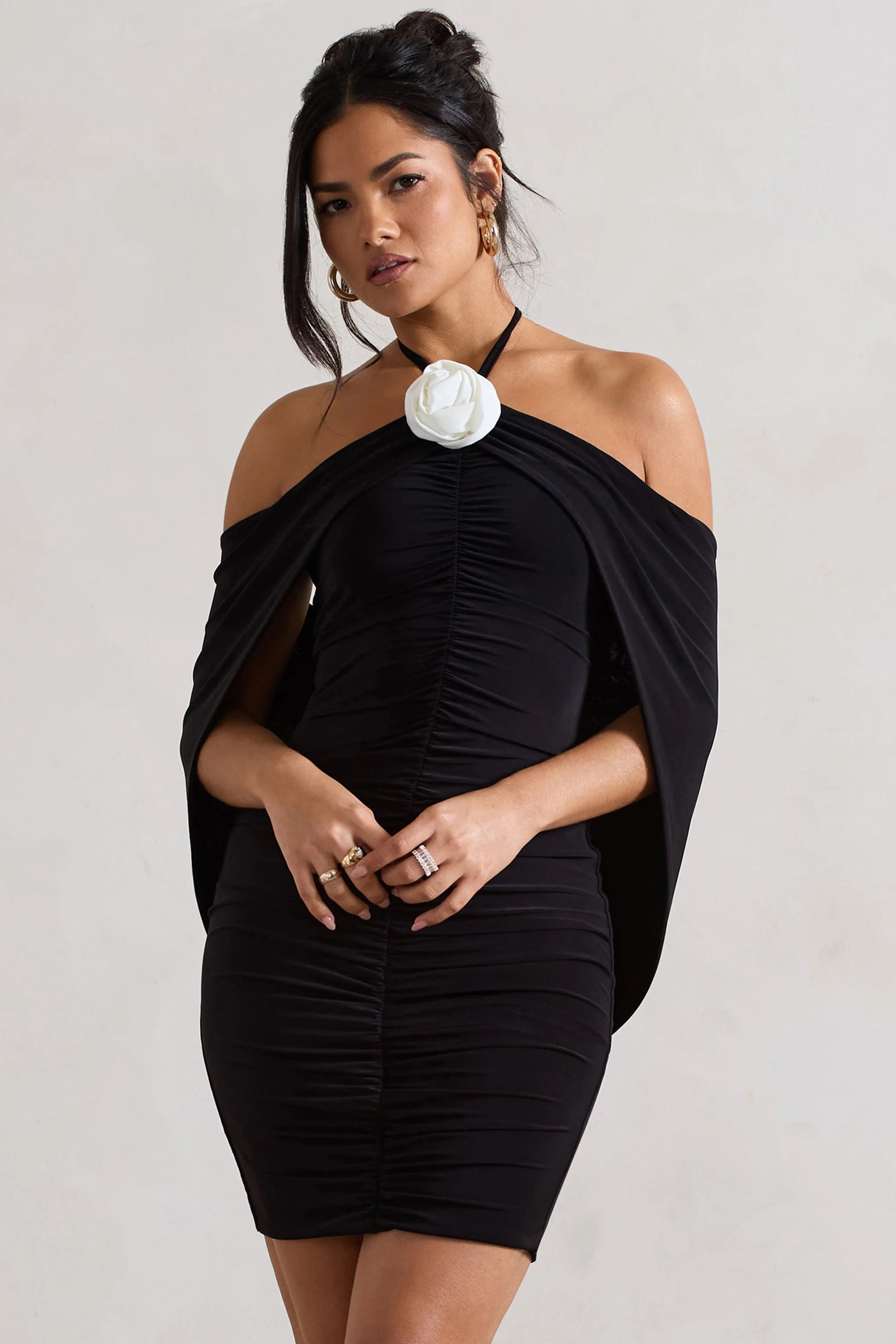 Adriana | Black Ruched Halter-Neck Draped Mini Dress With Corsage