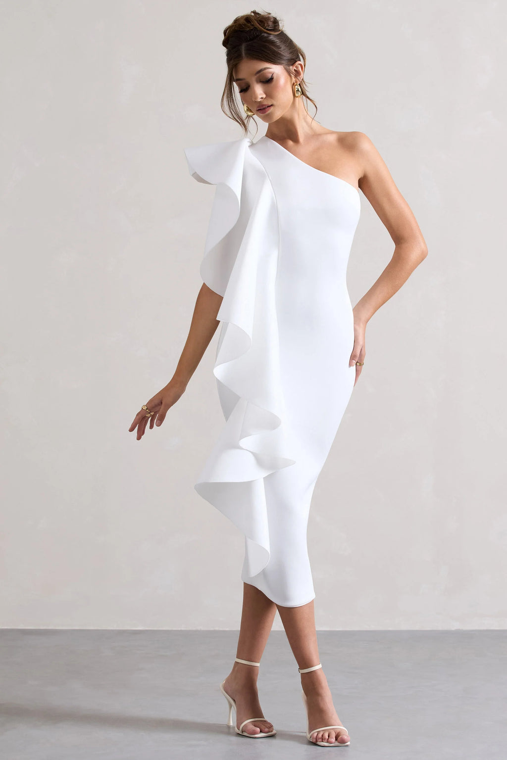Polo | White Asymmetric Bodycon Midi Dress With Ruffle