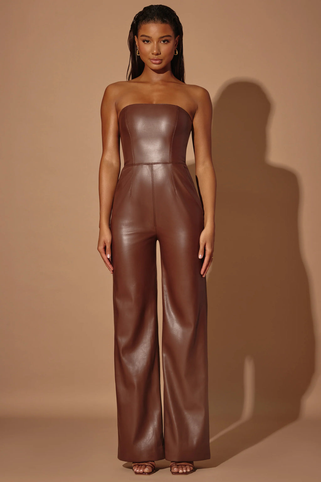 Tall Strapless Wide Leg Vegan Leather Jumpsuit in Brown