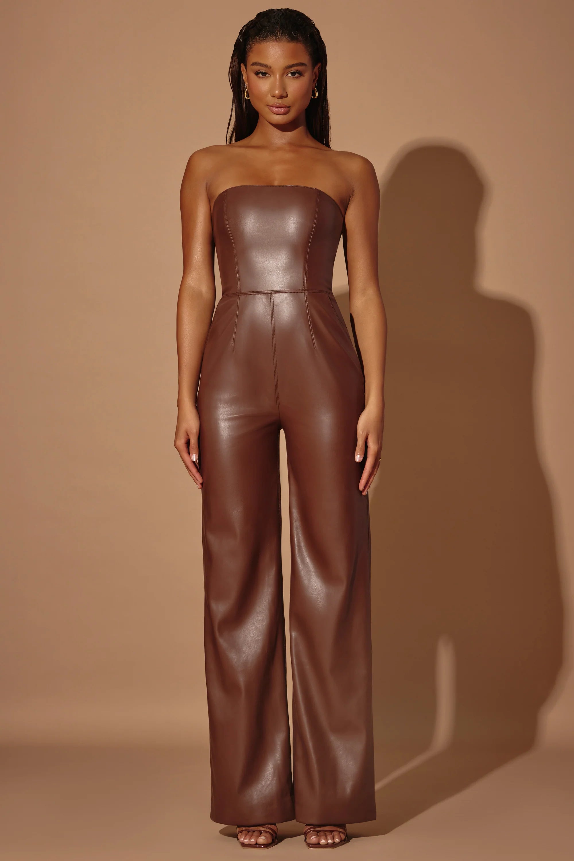 Tall Strapless Wide Leg Vegan Leather Jumpsuit in Brown
