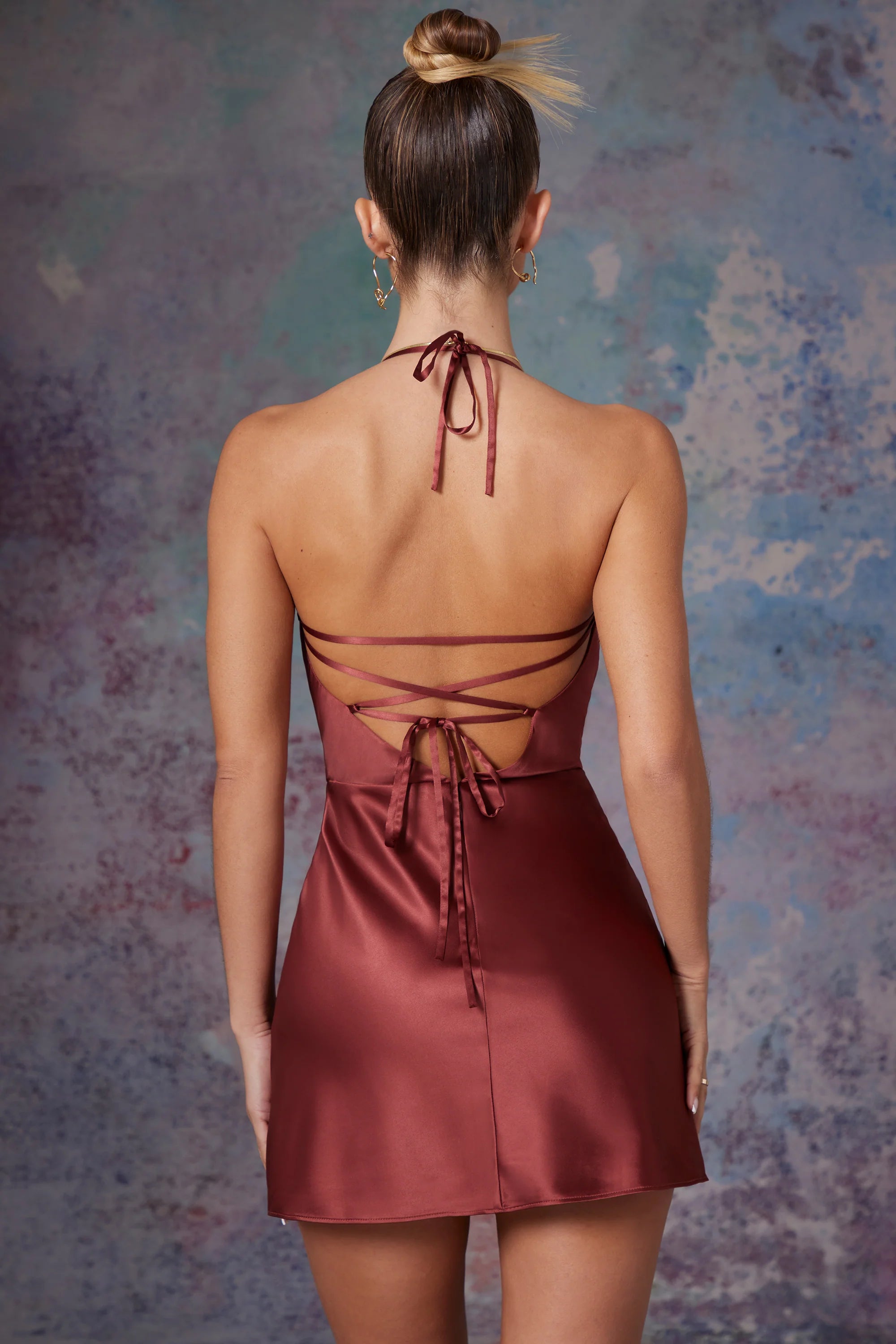 Cowl Front Wrap Over Mini Dress in Brick