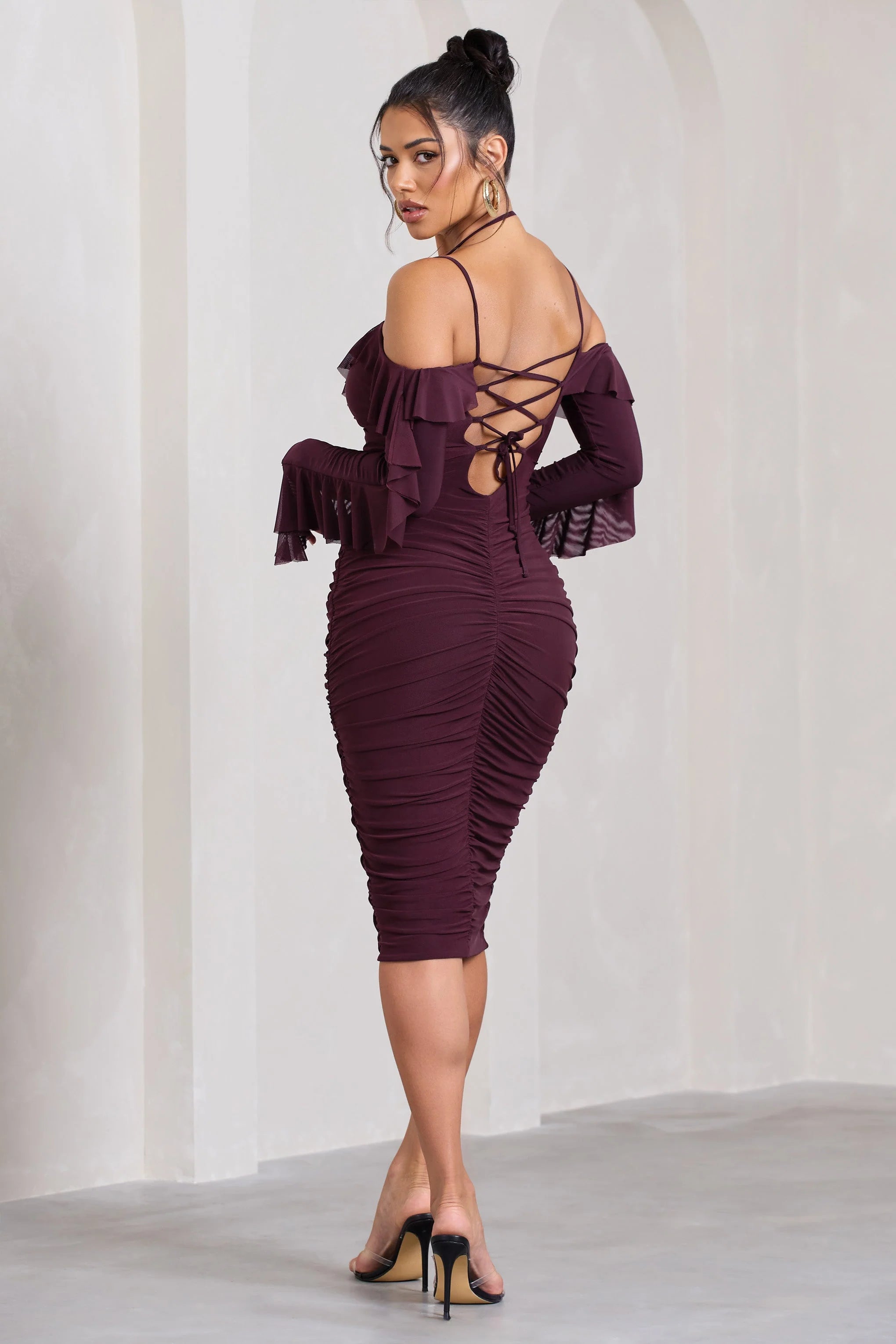 Quinn | Dark Cherry Ruched Strappy Long-Sleeved Midi Dress With Ruffles