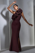 Vienne | Dark Plum Asymmetric Ruffle Split Maxi Dress