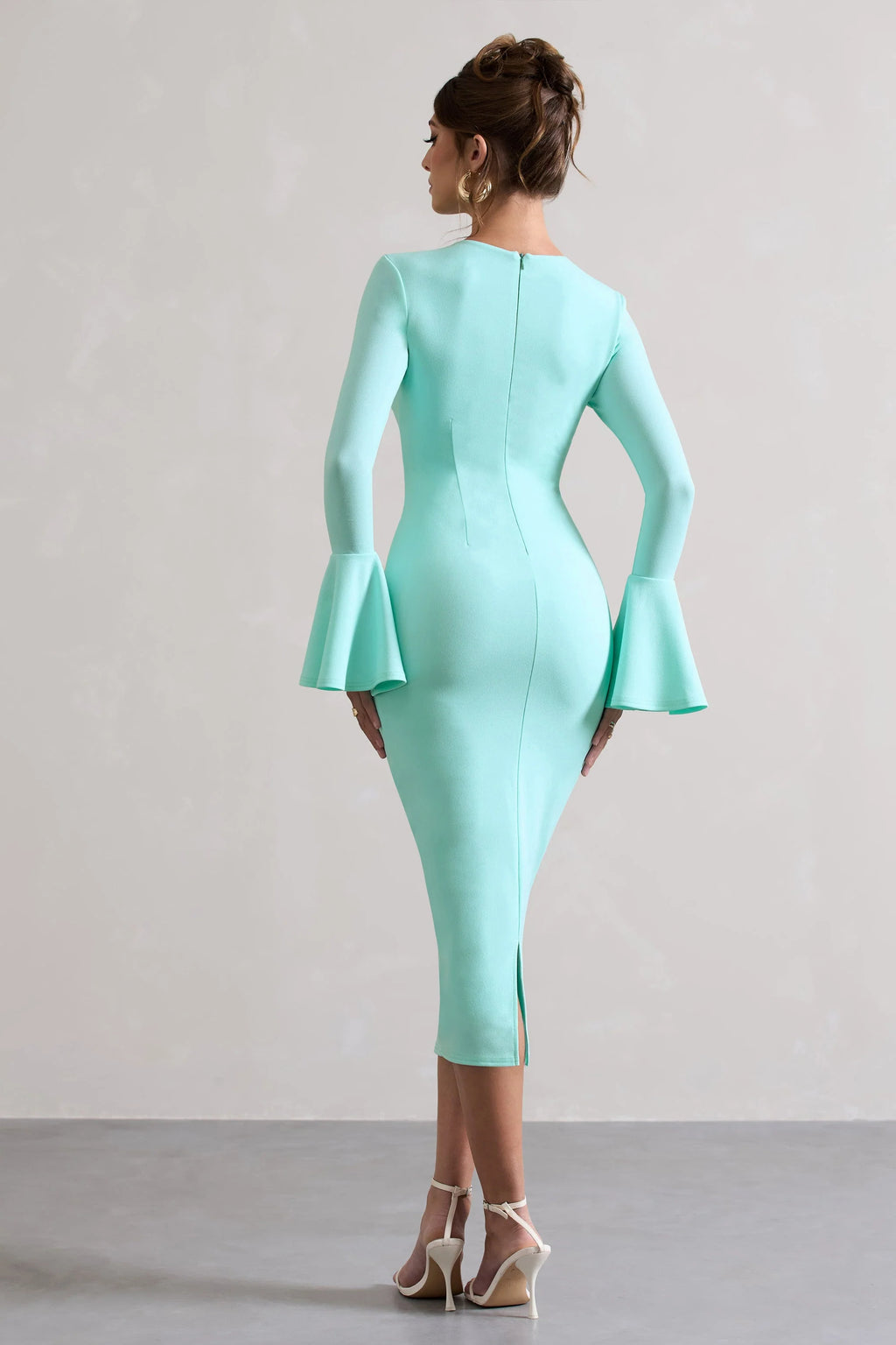 Rhyanne | Iced Green Bodycon Flared-Sleeve Midi Dress