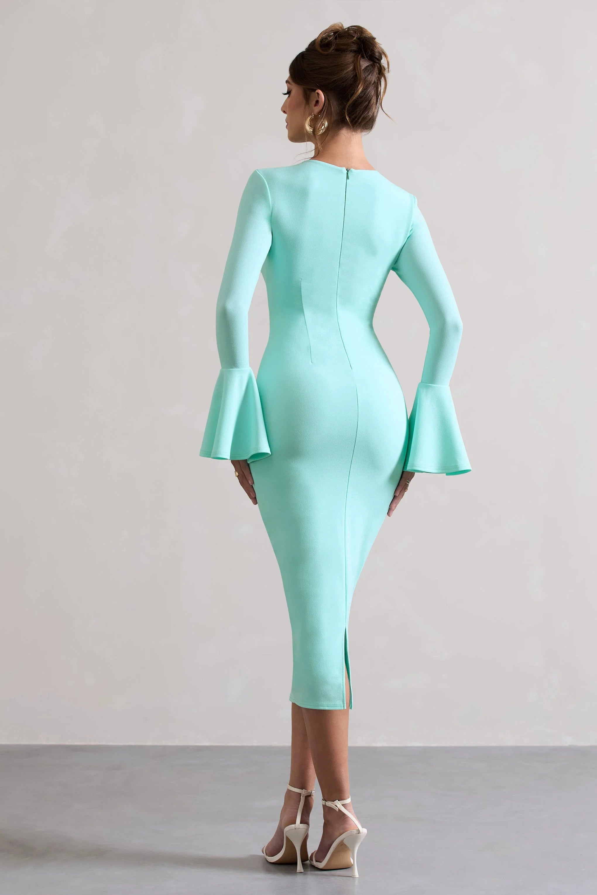 Rhyanne | Iced Green Bodycon Flared-Sleeve Midi Dress