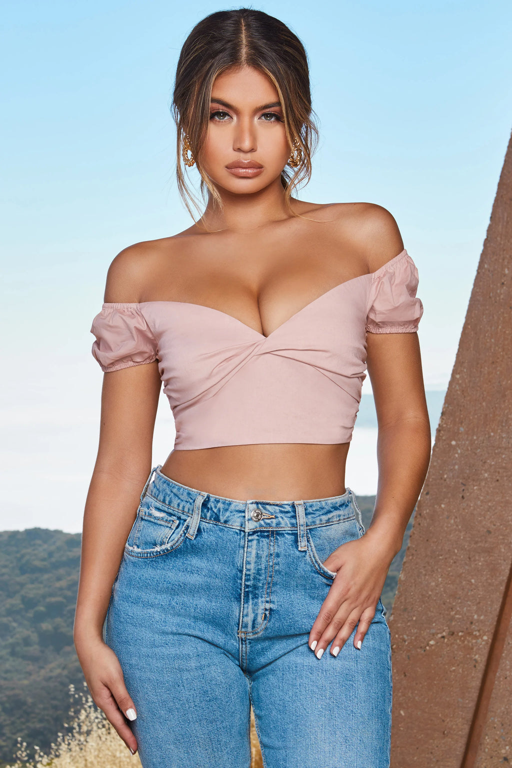 Fresh Crop Twist Front Puff Sleeve Crop Top in Blush