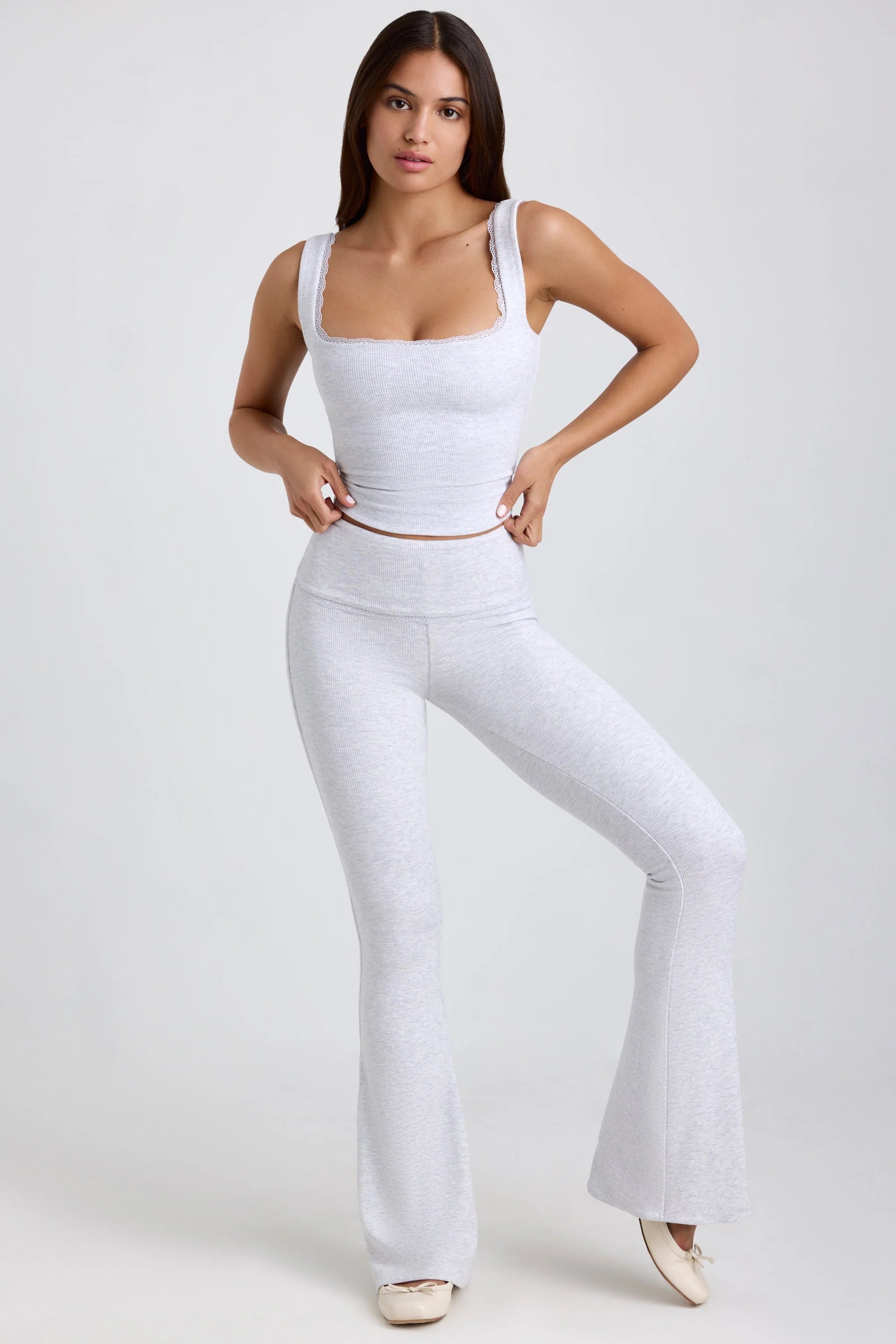 Tall Ribbed Modal Mid-Rise Foldover Flared Trousers in Grey