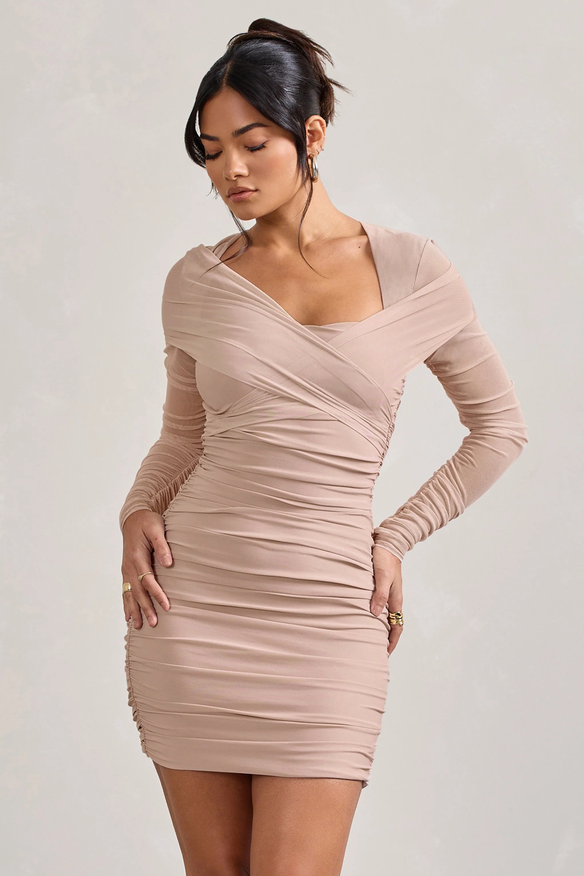 Sparks Fly | Nude Ruched Mesh Long-Sleeved Bodycon Mini Dress
