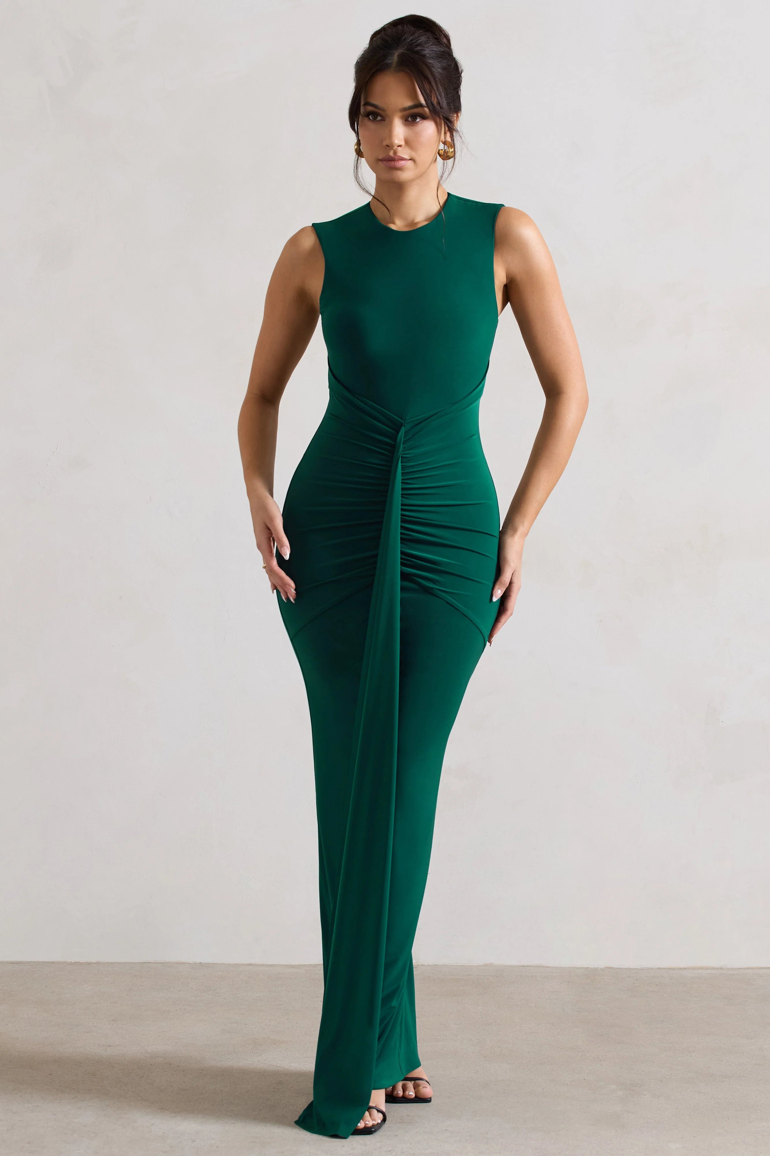 Alexa | Bottle Green High-Neck Gathered Maxi Dress With Drape