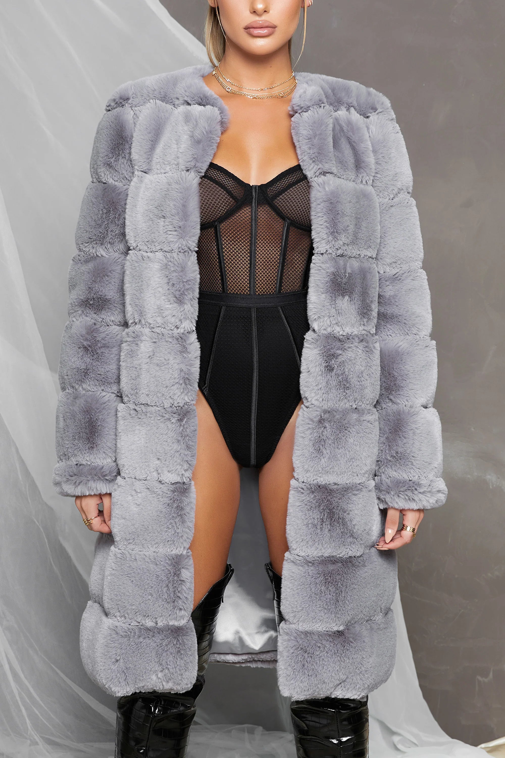 Executive Longline Panel Faux Fur Coat in Grey