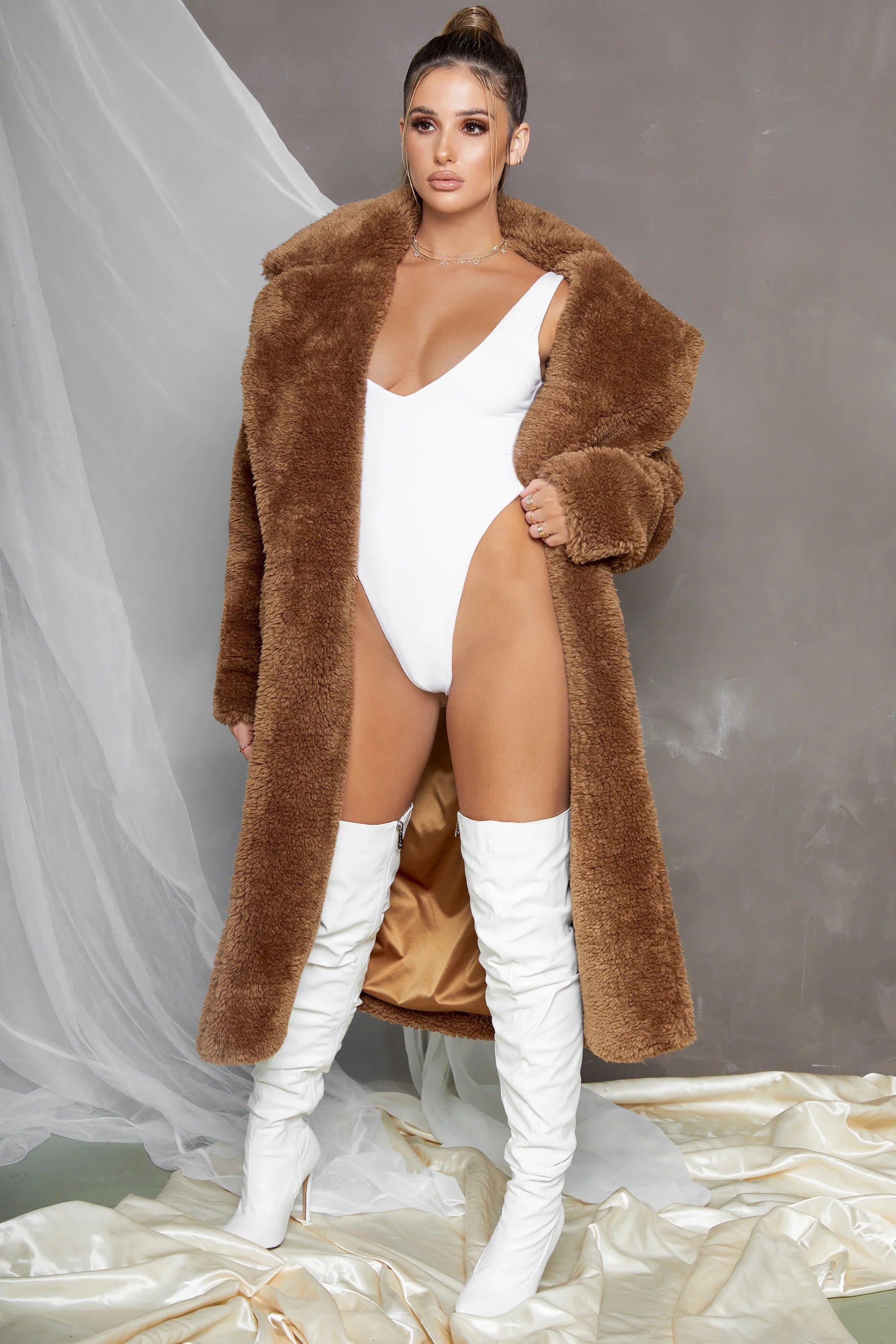 Empire Oversized Longline Cocoon Teddy Coat in Dark Brown