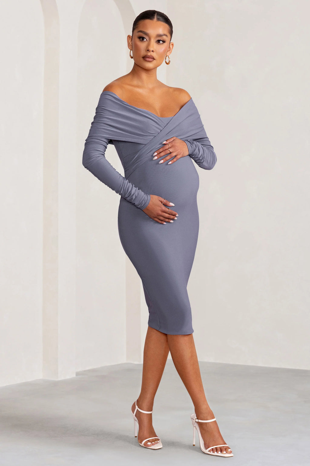 Little Star | Dove Grey Maternity Twist Front Midi Dress