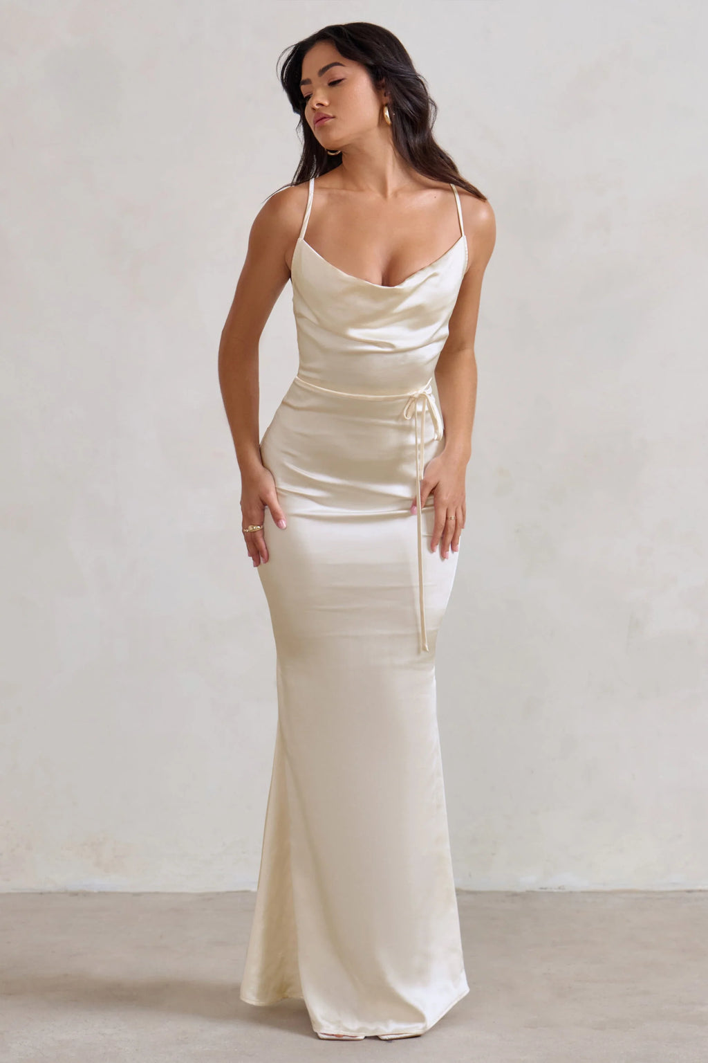 Lifetime | Ivory Satin Cowl Neck Maxi Dress With Cross Back Detail