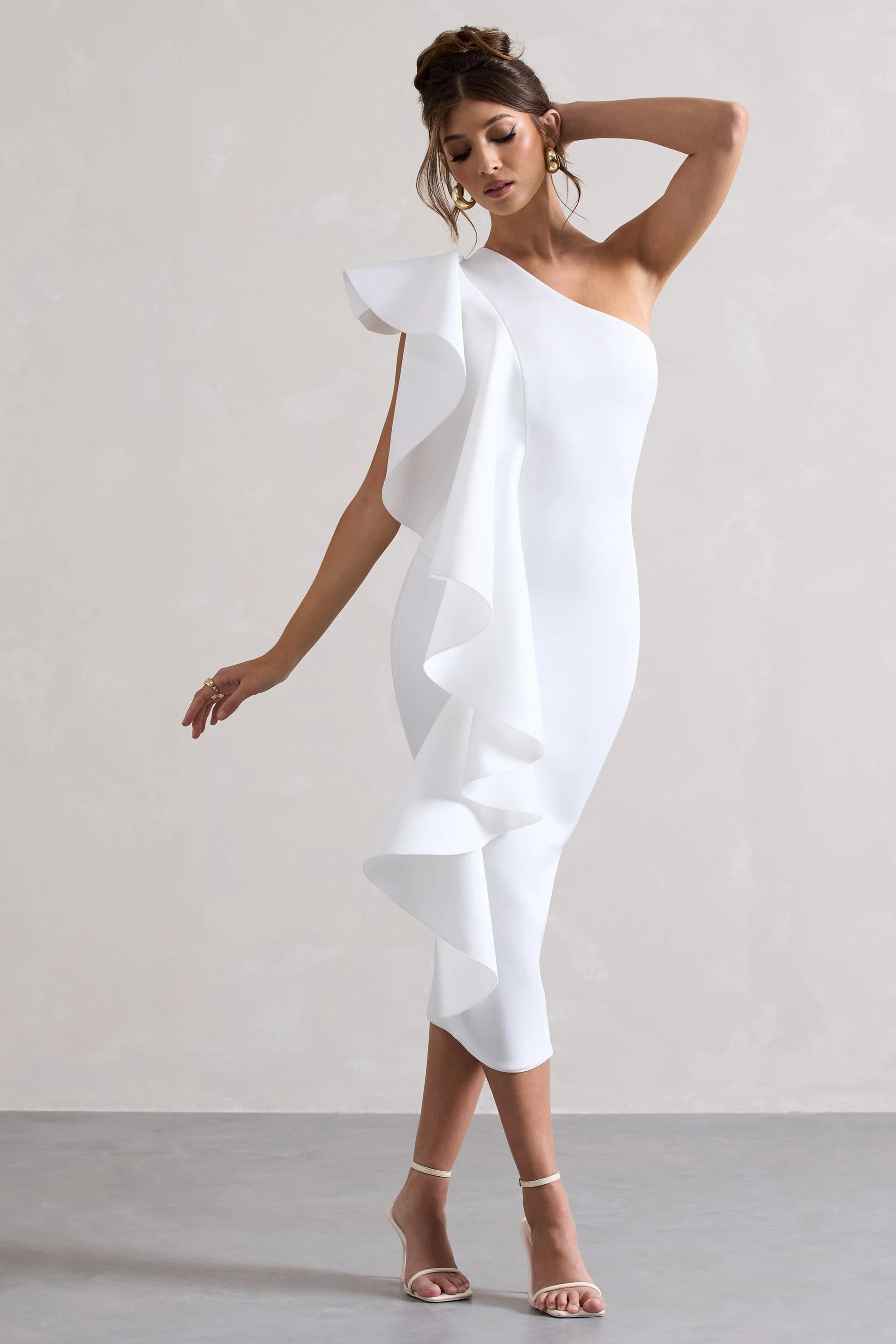 Polo | White Asymmetric Bodycon Midi Dress With Ruffle