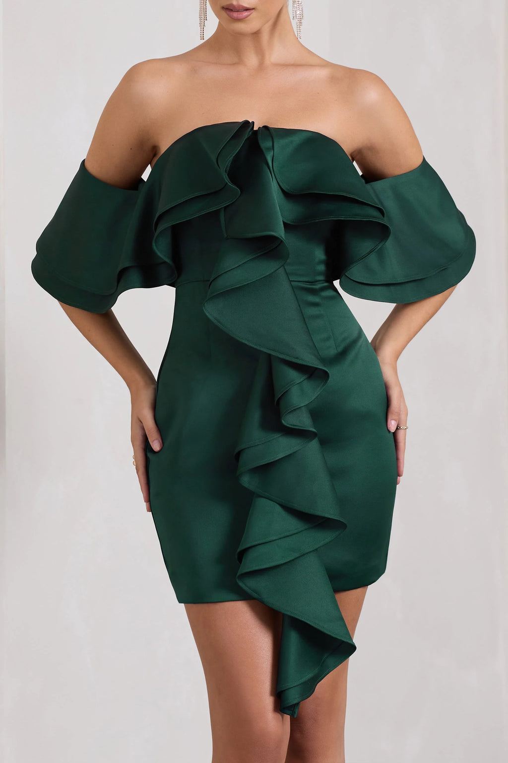 Aspen | Bottle Green Bardot Mini Dress With Ruffles