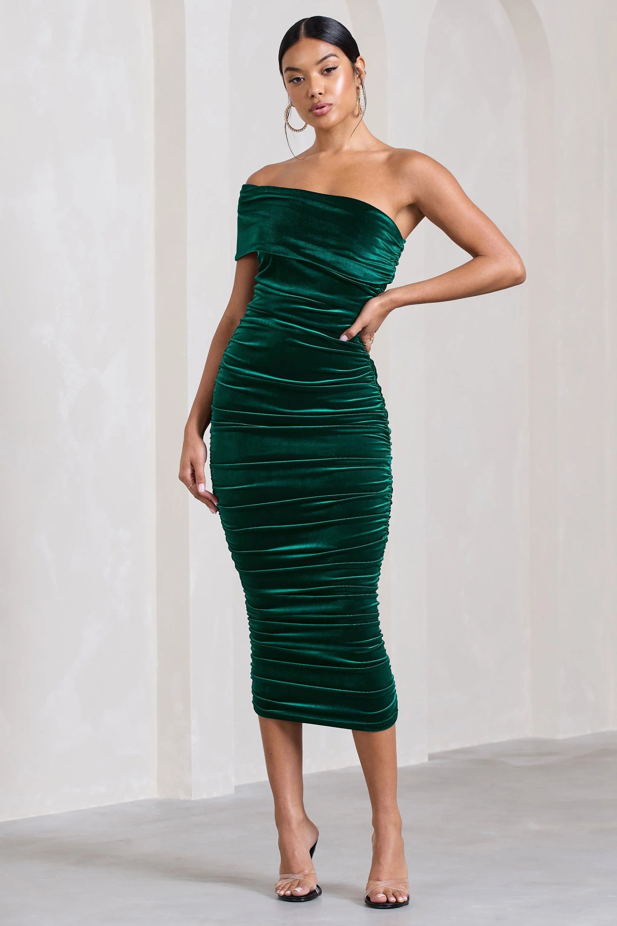 Remember Me | Bottle Green Velvet One Shoulder Midi Dress