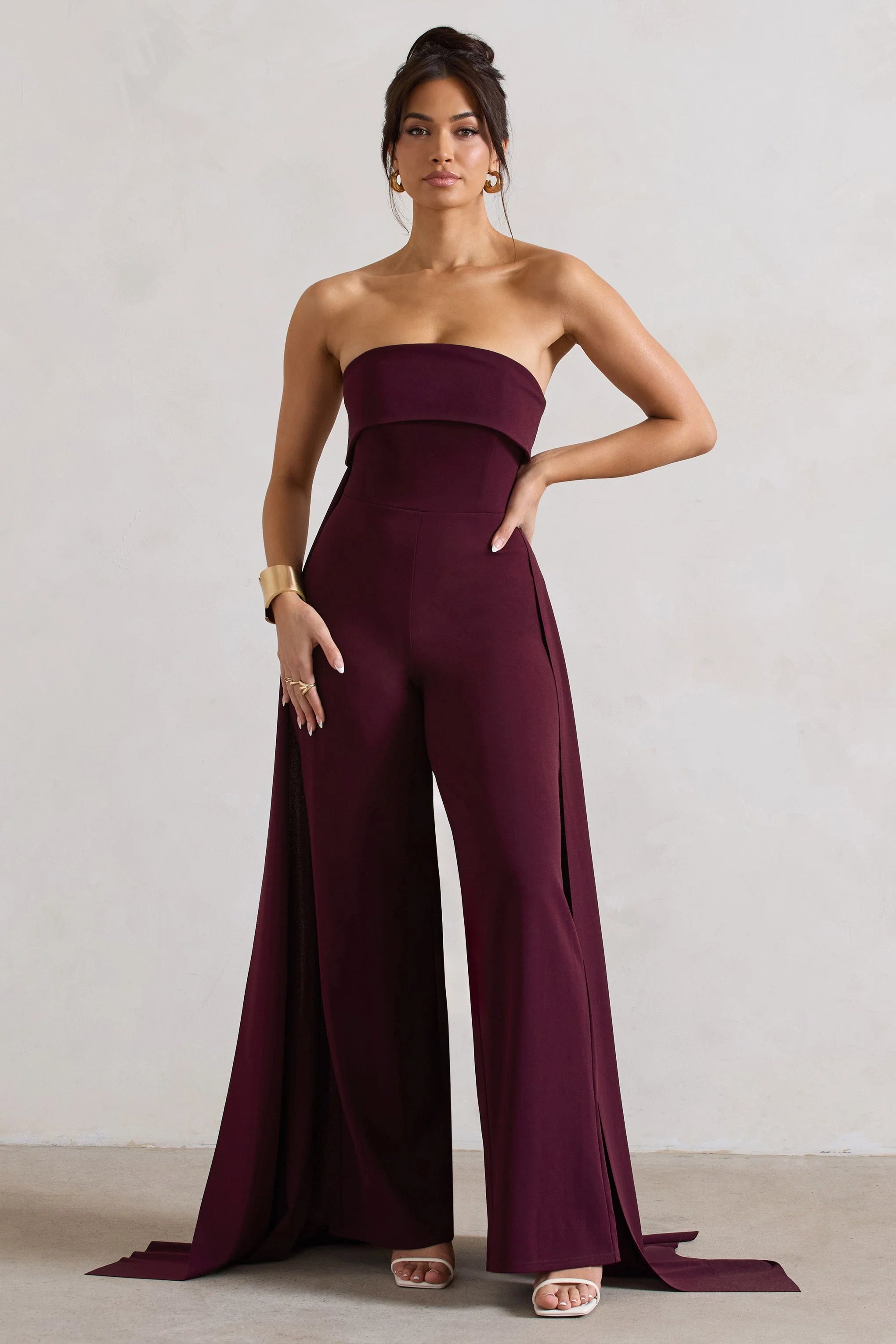 Amaya | Dark Plum Bandeau Wide-Leg Jumpsuit With Cape