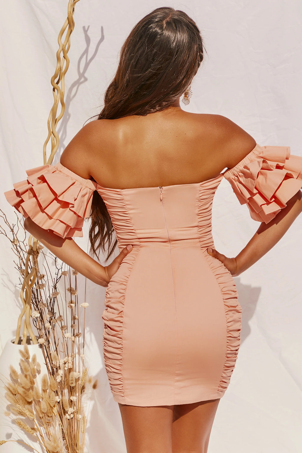 Blissed Out Bardot Ruffle Sleeve Mini Dress in Peach
