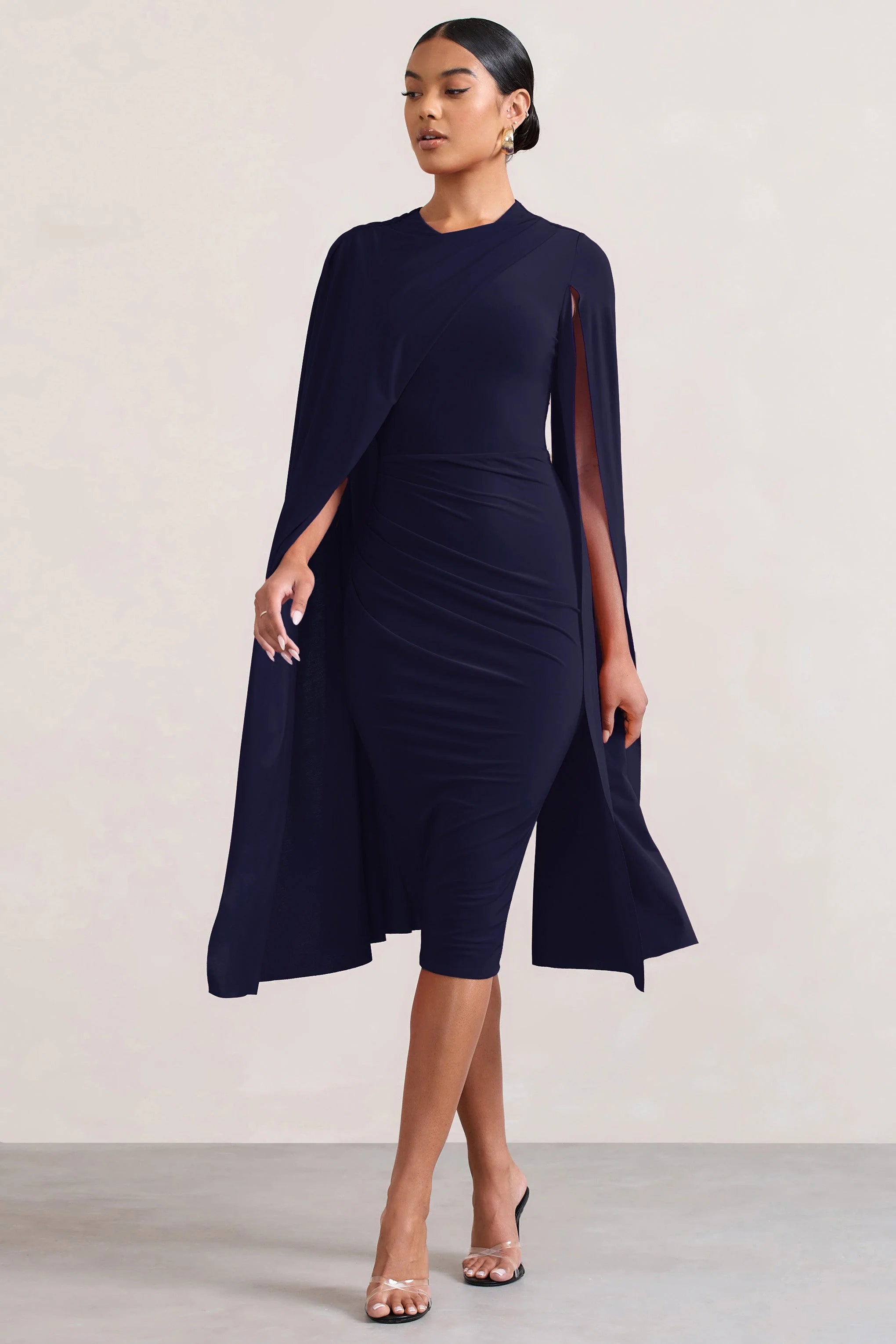 Marysol | Navy Asymmetric Cape Midi Dress