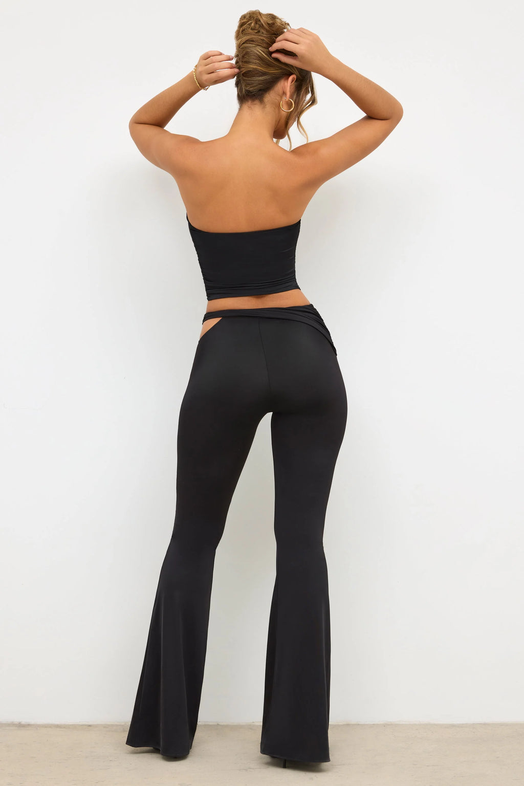 Premium Jersey Rose Detail Mid-Rise Flare Trousers in Black