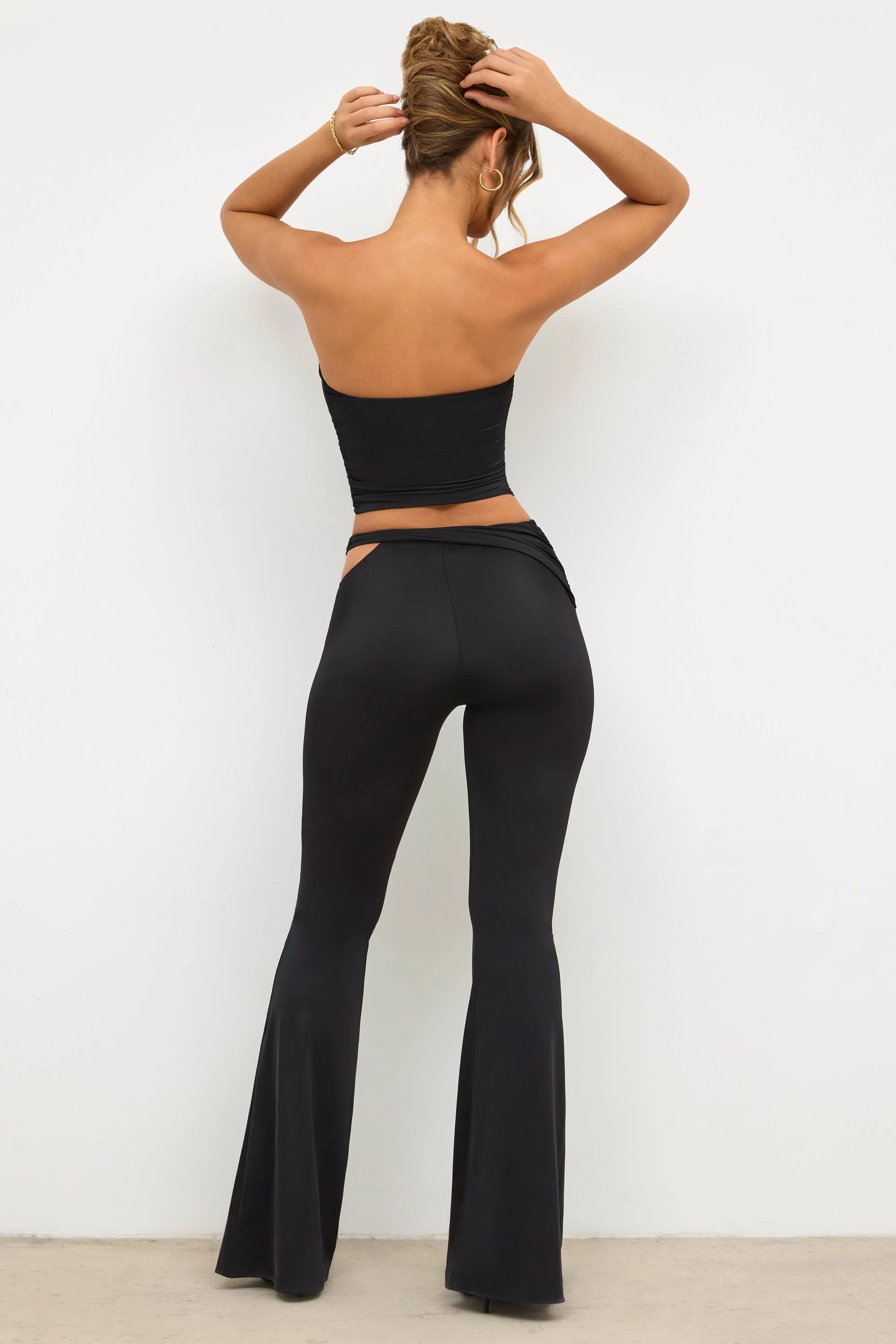 Premium Jersey Rose Detail Mid-Rise Flare Trousers in Black