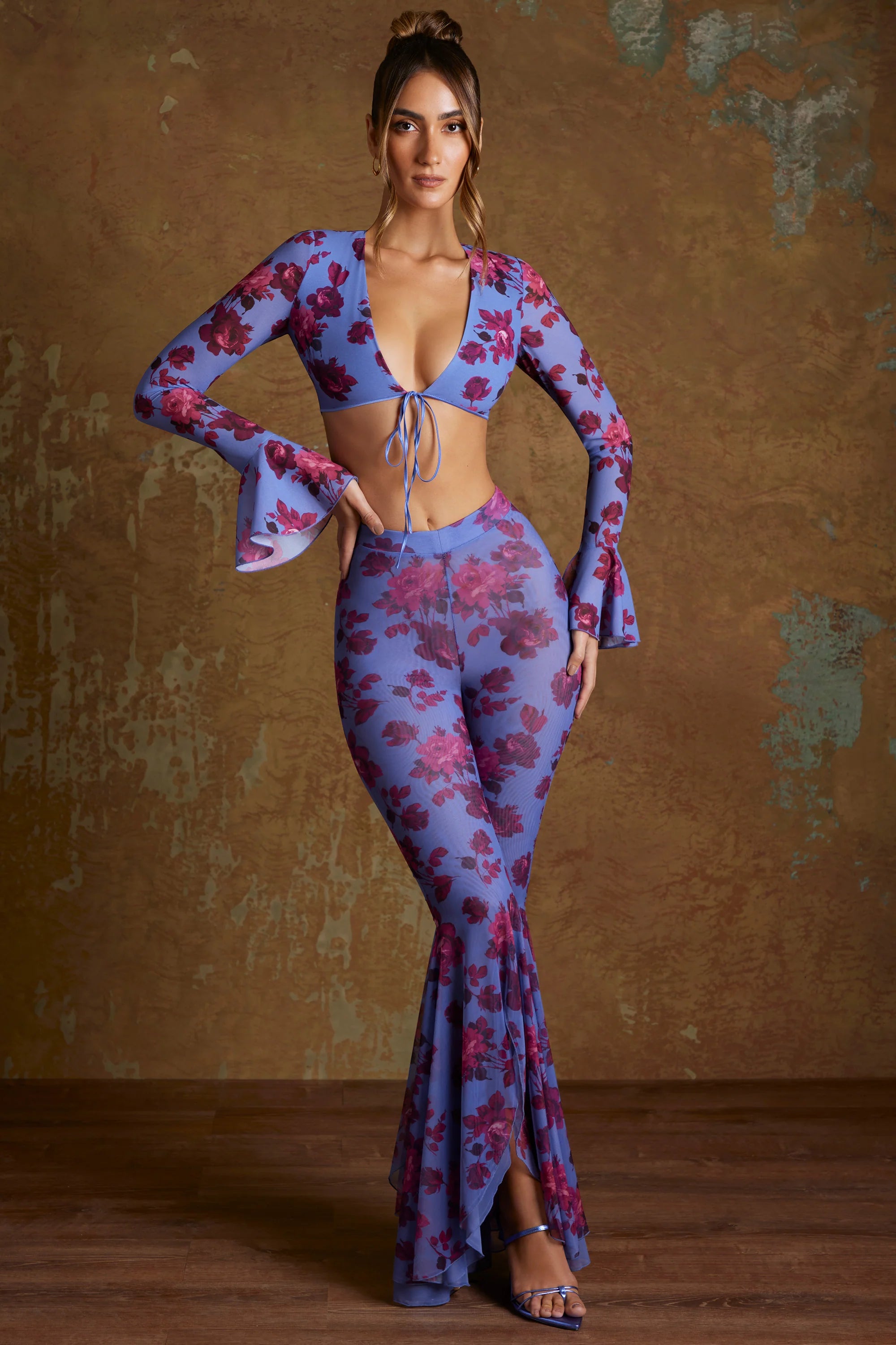 Petite Split Flare Ruffle Trousers in Periwinkle Print