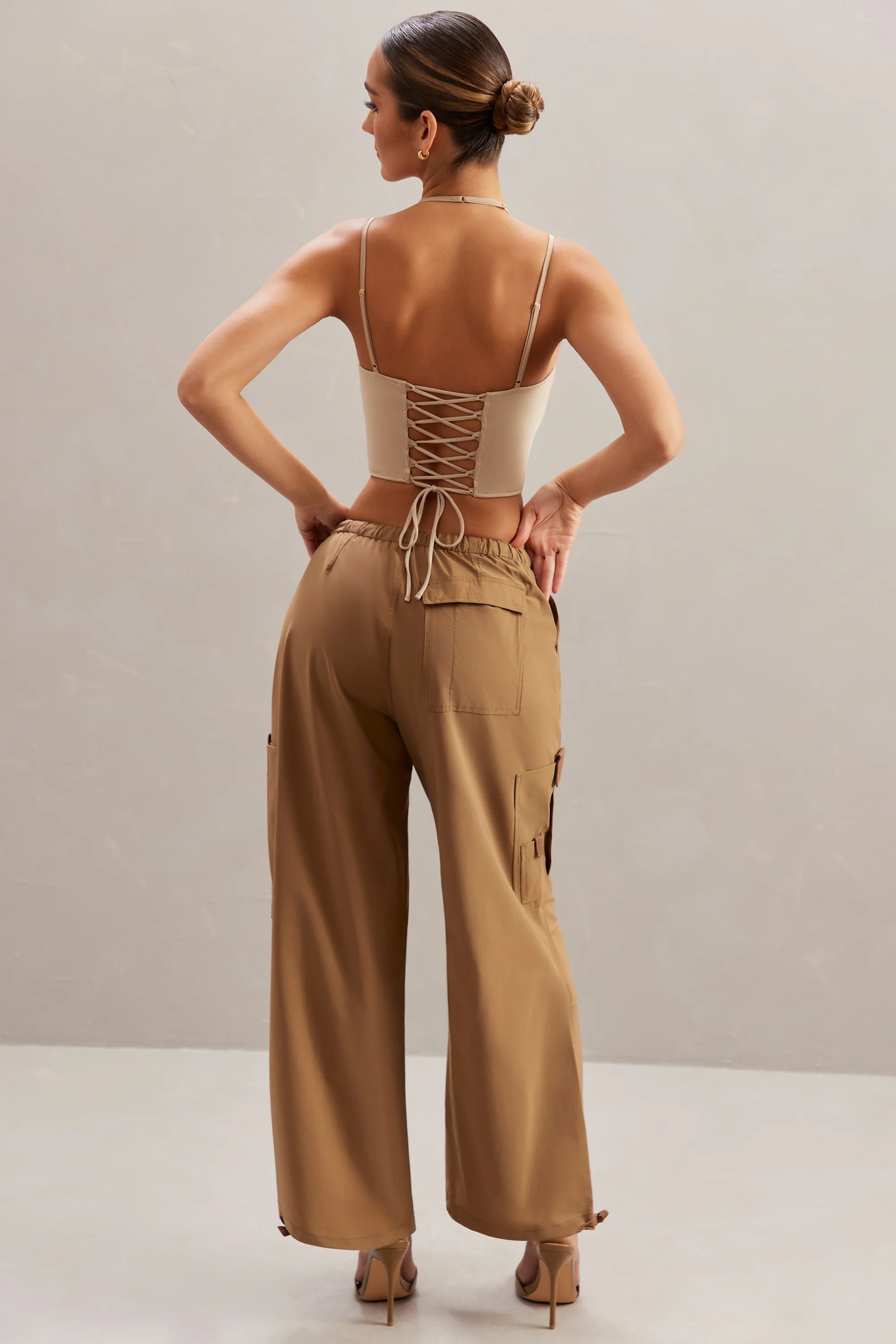 Petite Wide Leg Cargo Trousers in Tan