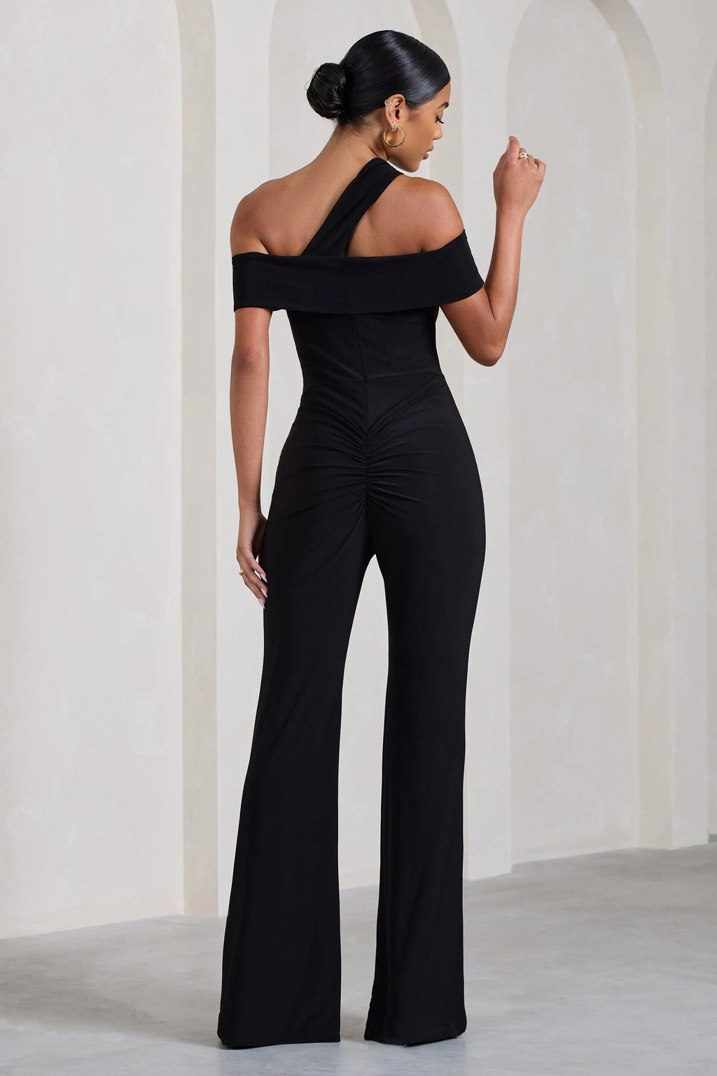 Striking | Black Strappy Asymmetric Flared-Leg Jumpsuit