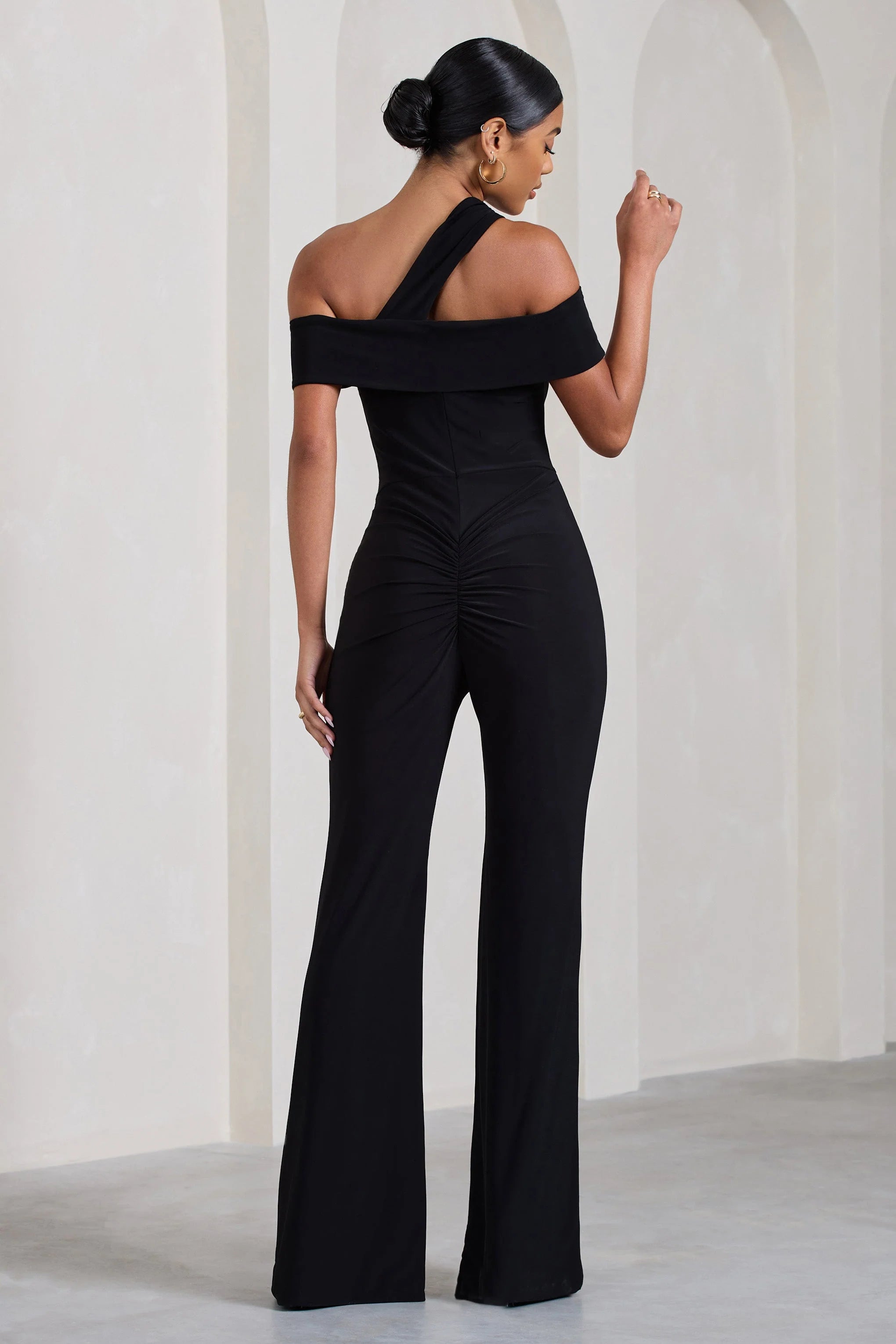 Striking | Black Strappy Asymmetric Flared-Leg Jumpsuit