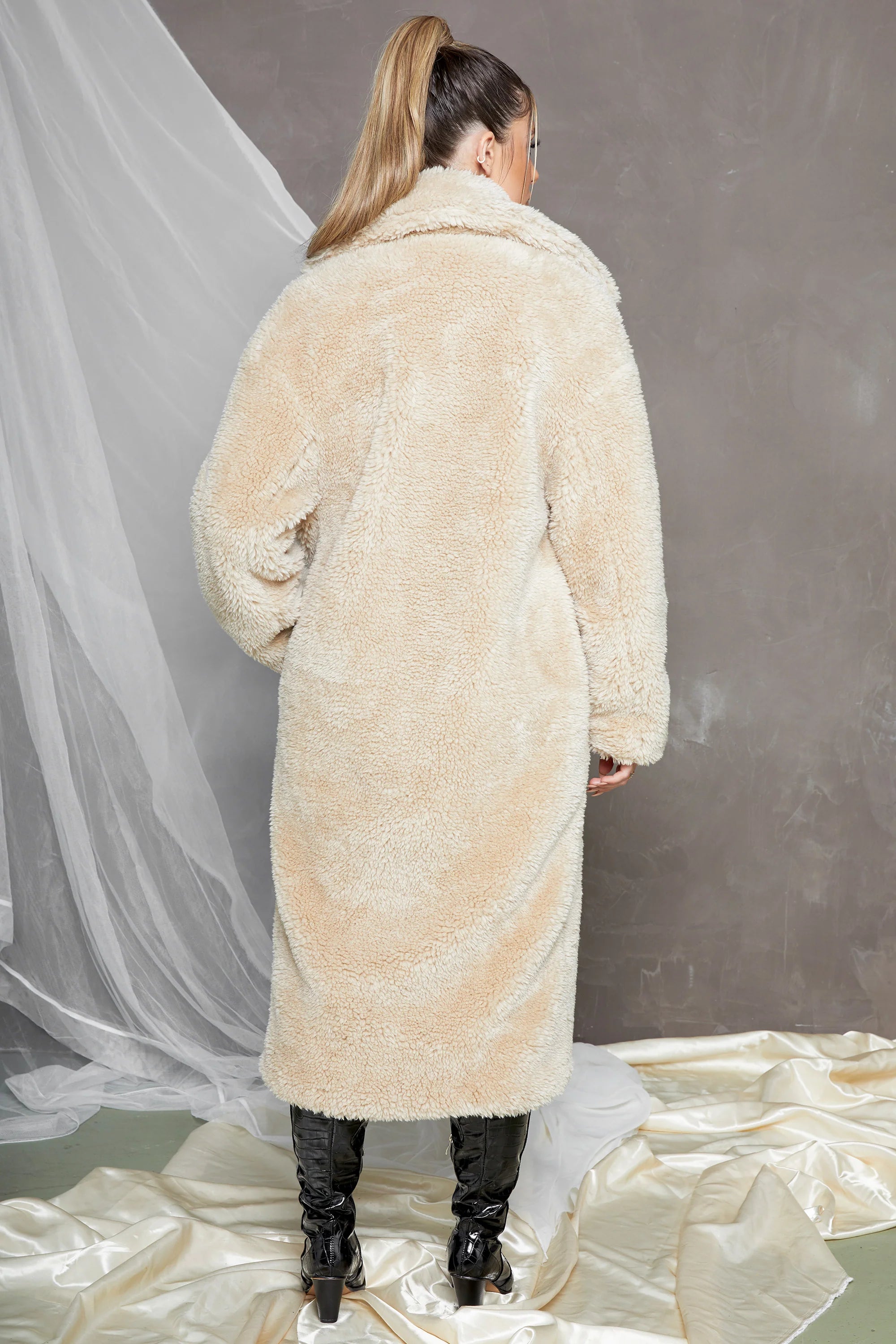 Empire Oversized Longline Cocoon Teddy Coat in Cream