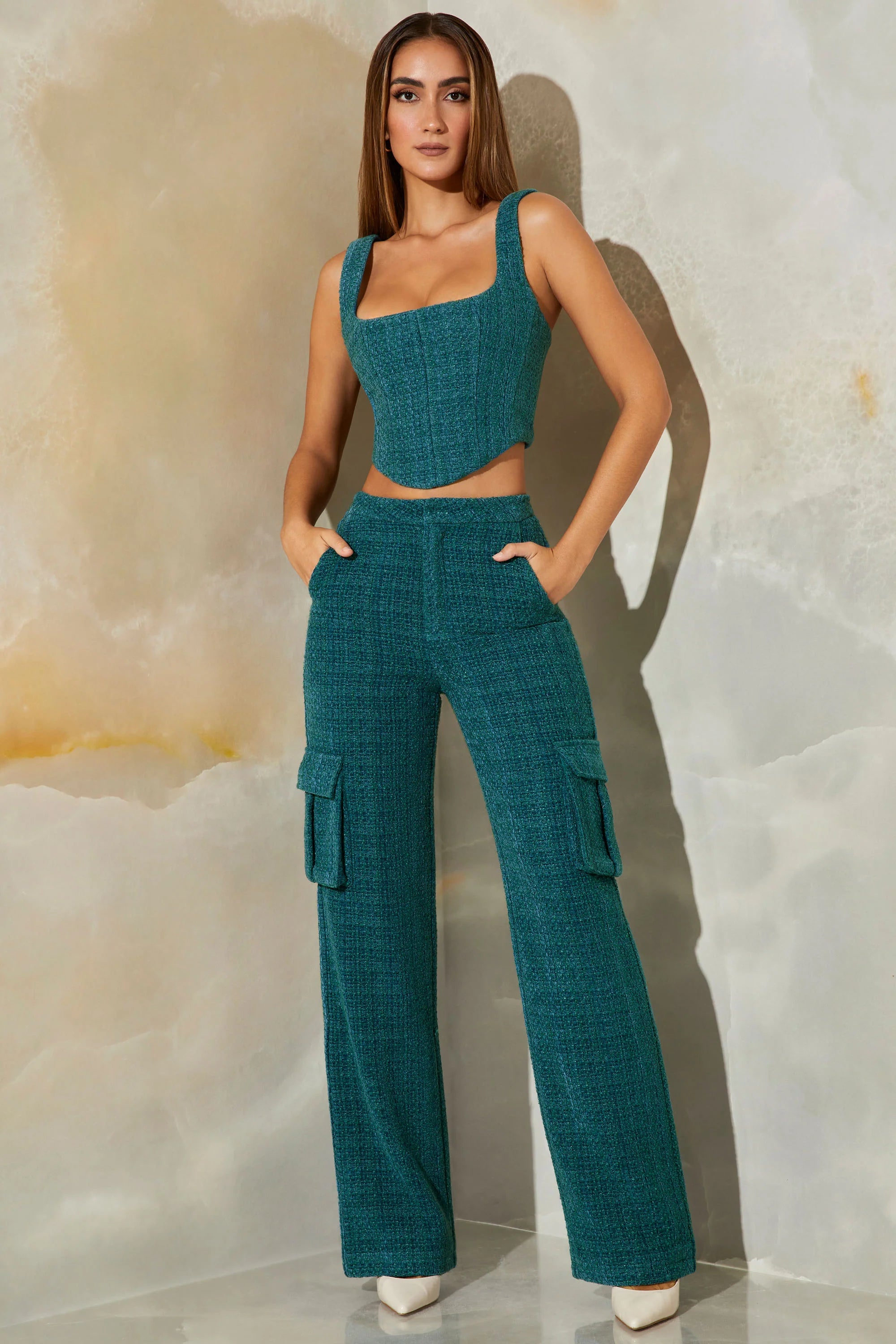 Petite Tweed Straight Leg Cargo Trousers in Teal