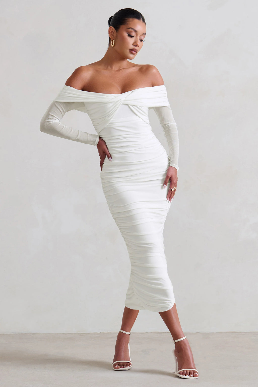 Neva | White Bardot Twist Midi Dress