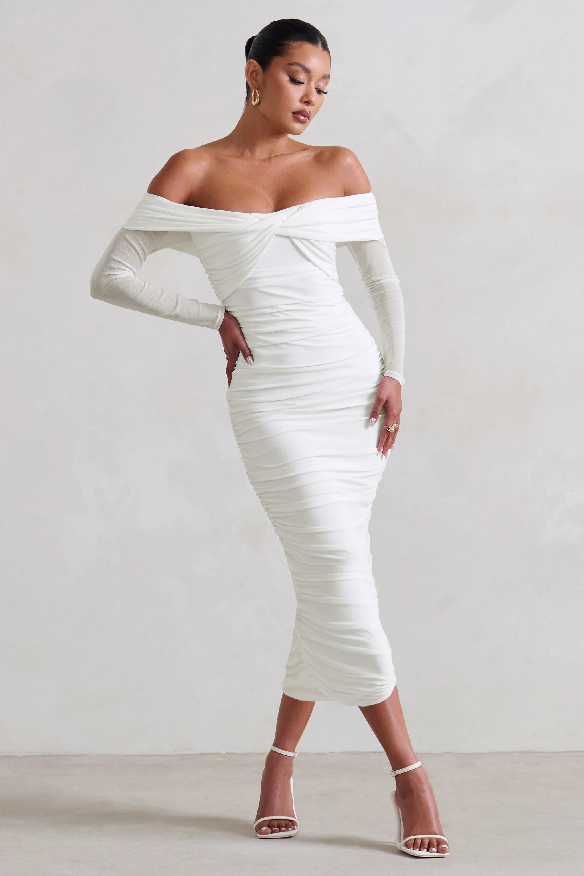 Neva | White Bardot Twist Midi Dress