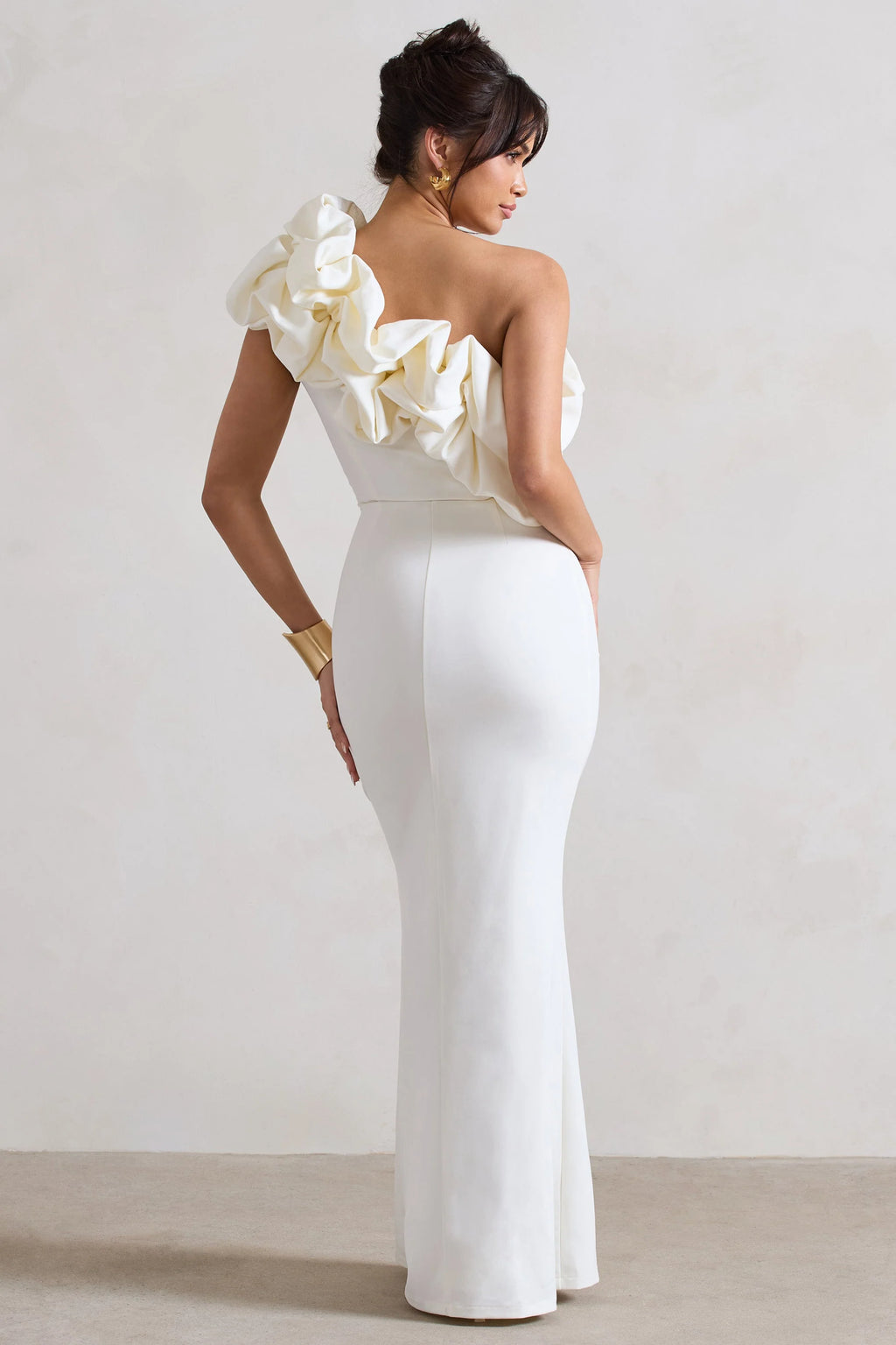 Vienne | White Asymmetric Ruffle Split Maxi Dress