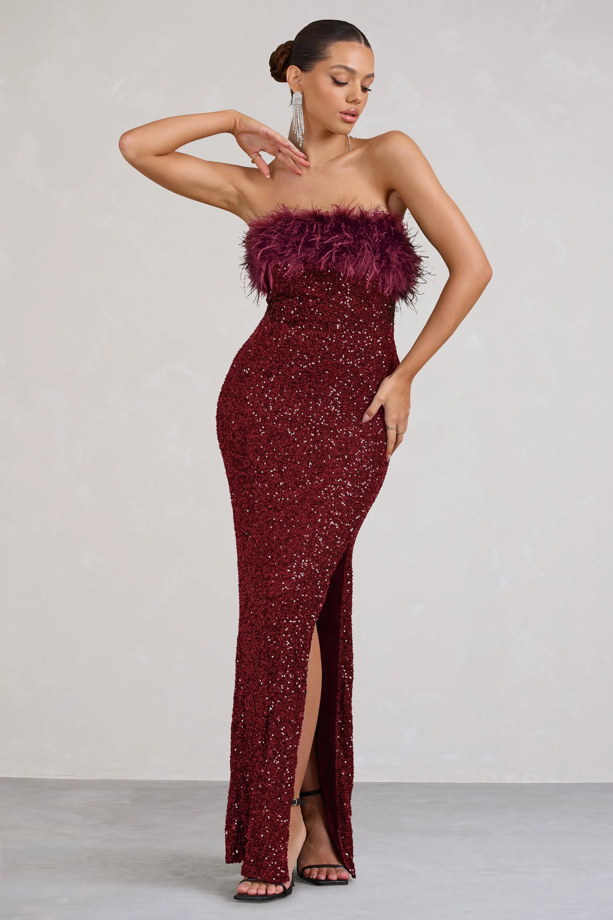 Old Money | Burgundy Bodycon Sequin Maxi Dress With Feather Trim