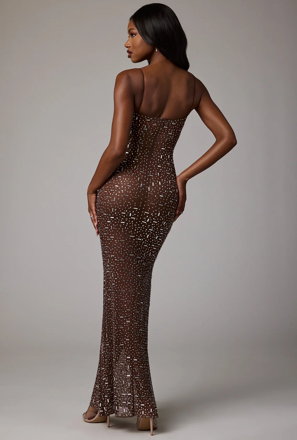 Sheer Embellished Scoop Neck Evening Gown in Deep Cocoa