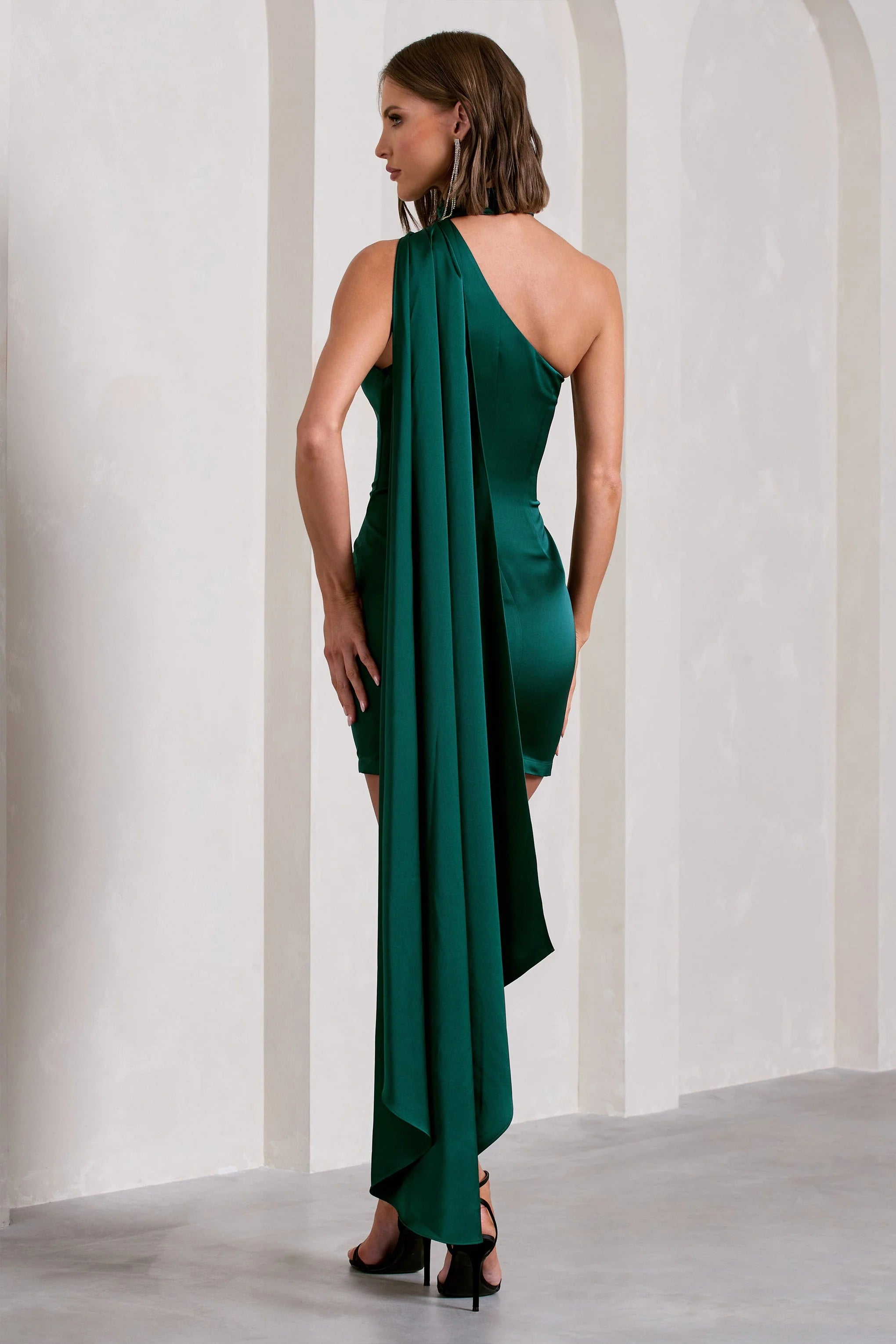 Natalie | Bottle Green Satin Asymmetric Mini Dress With Scarf Detail
