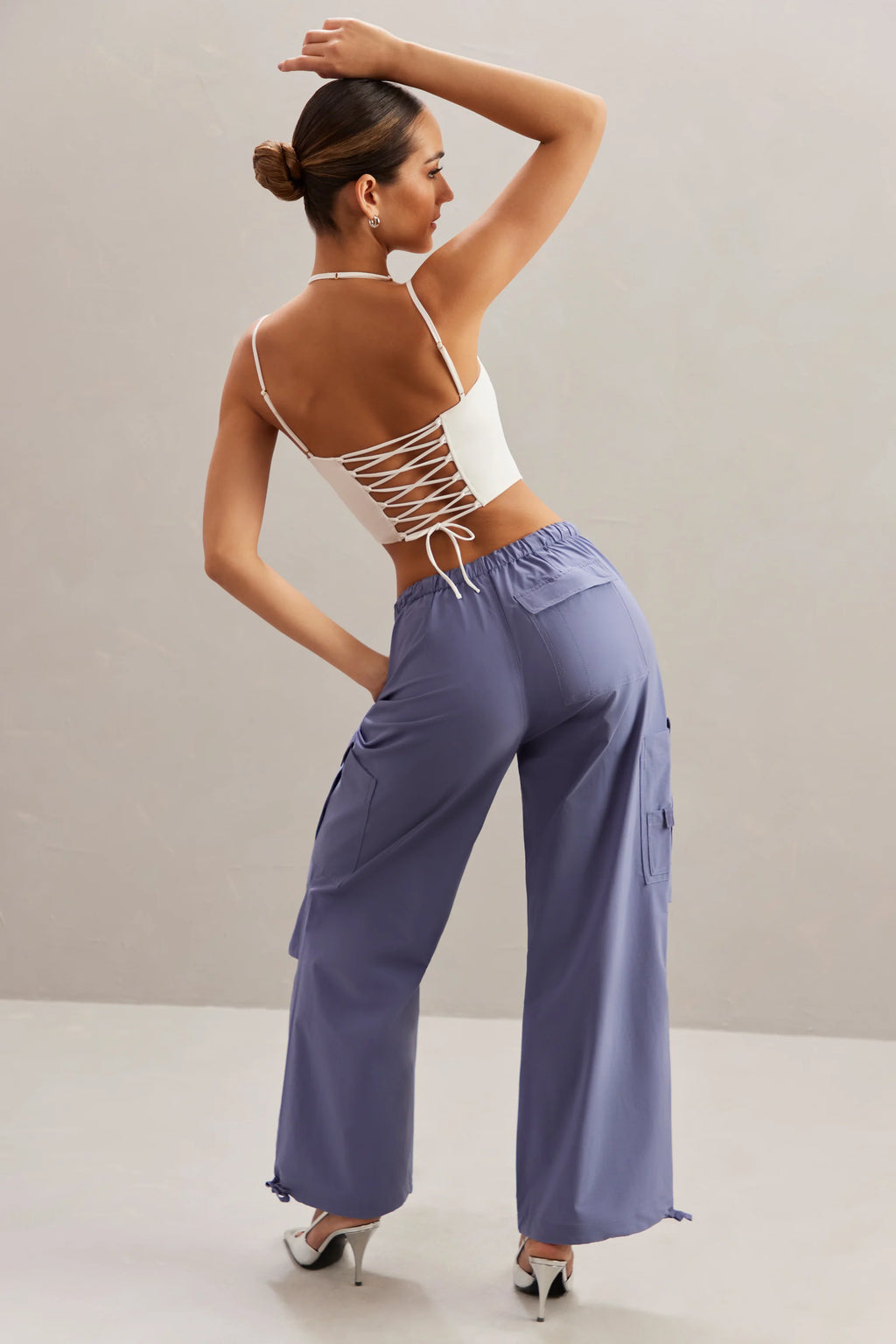 Petite Wide Leg Cargo Trousers in Dusty Blue